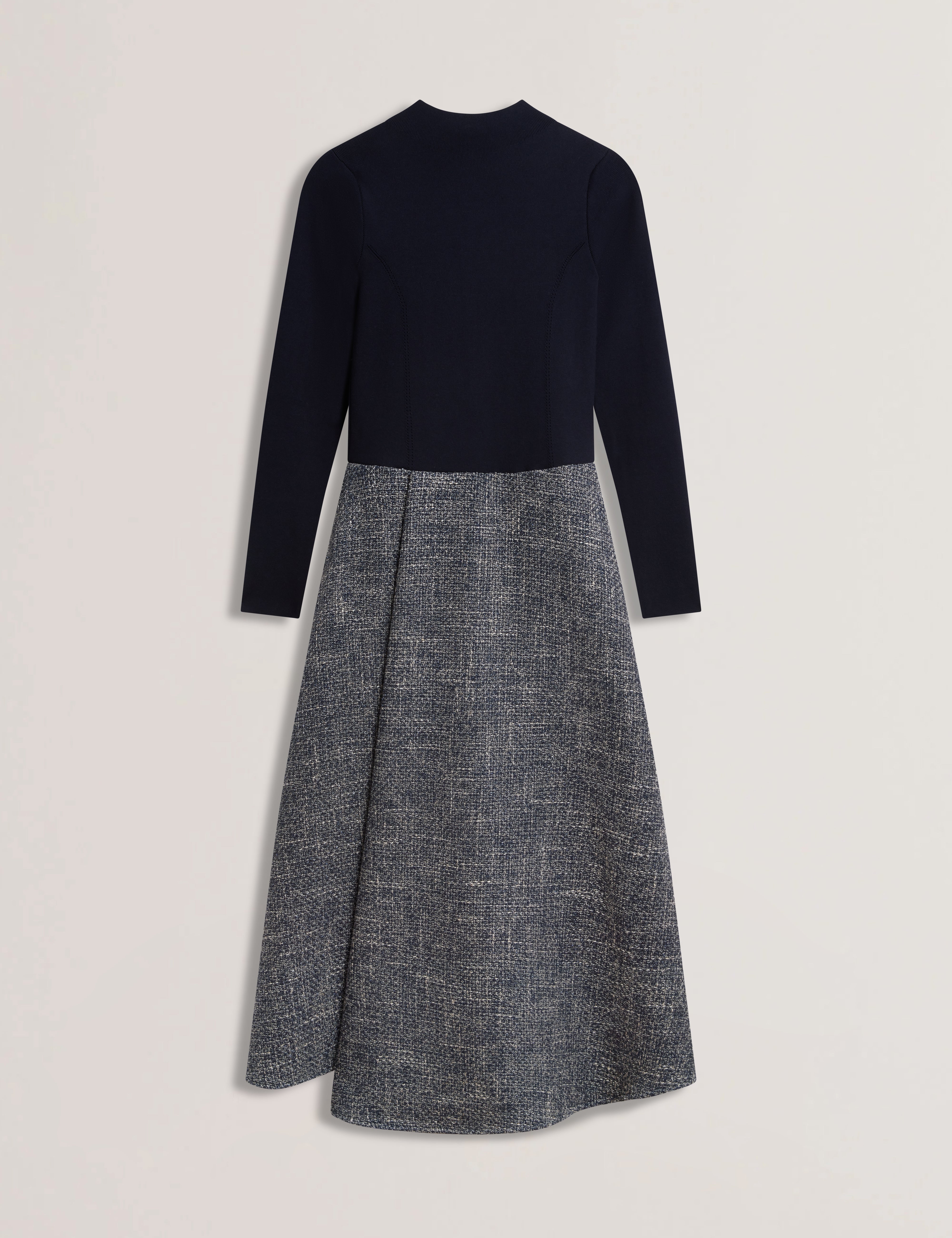 Abieb Polo-Neck Knit Bodice Midi Boucle Dress Navy