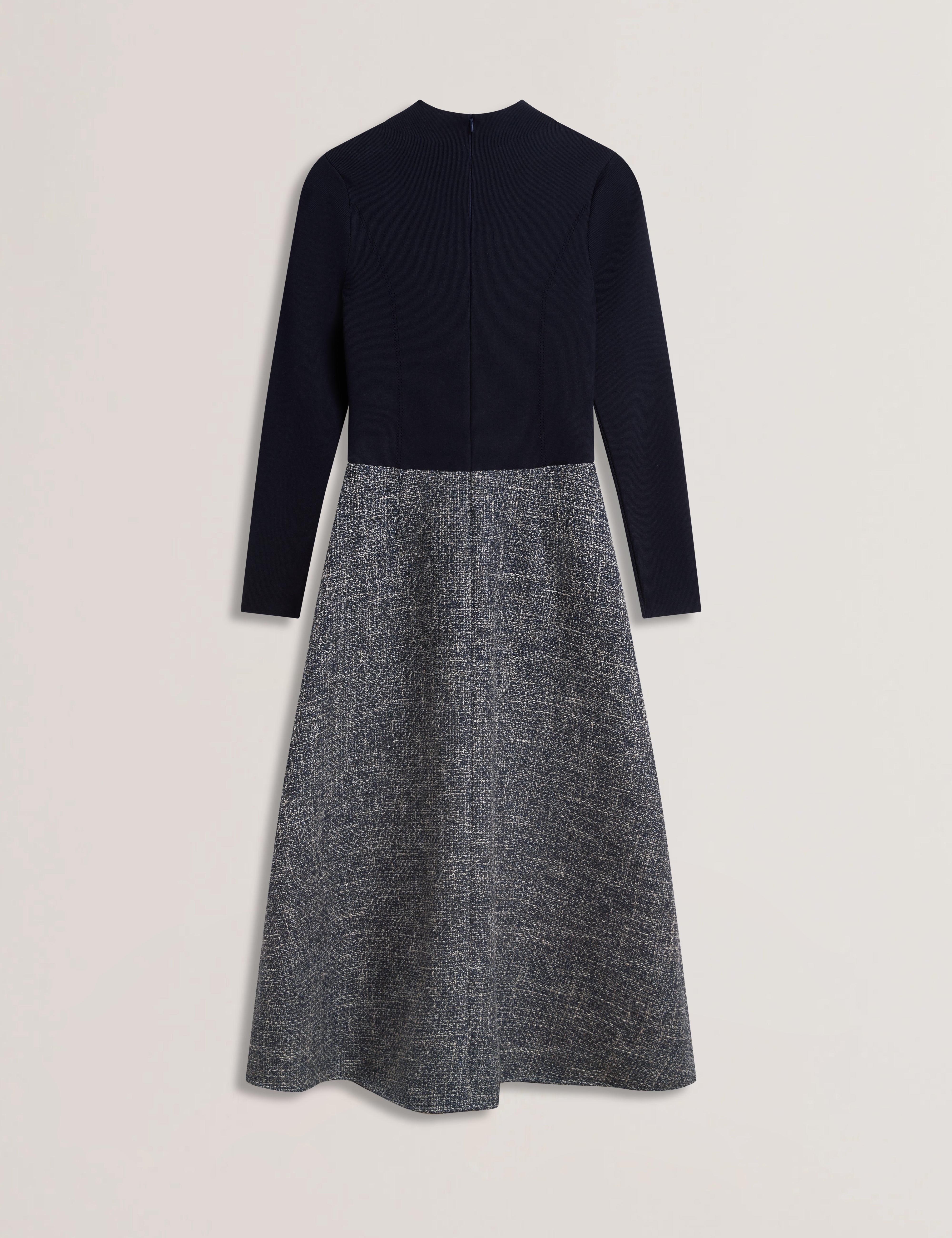 Abieb Polo-Neck Knit Bodice Midi Boucle Dress Navy