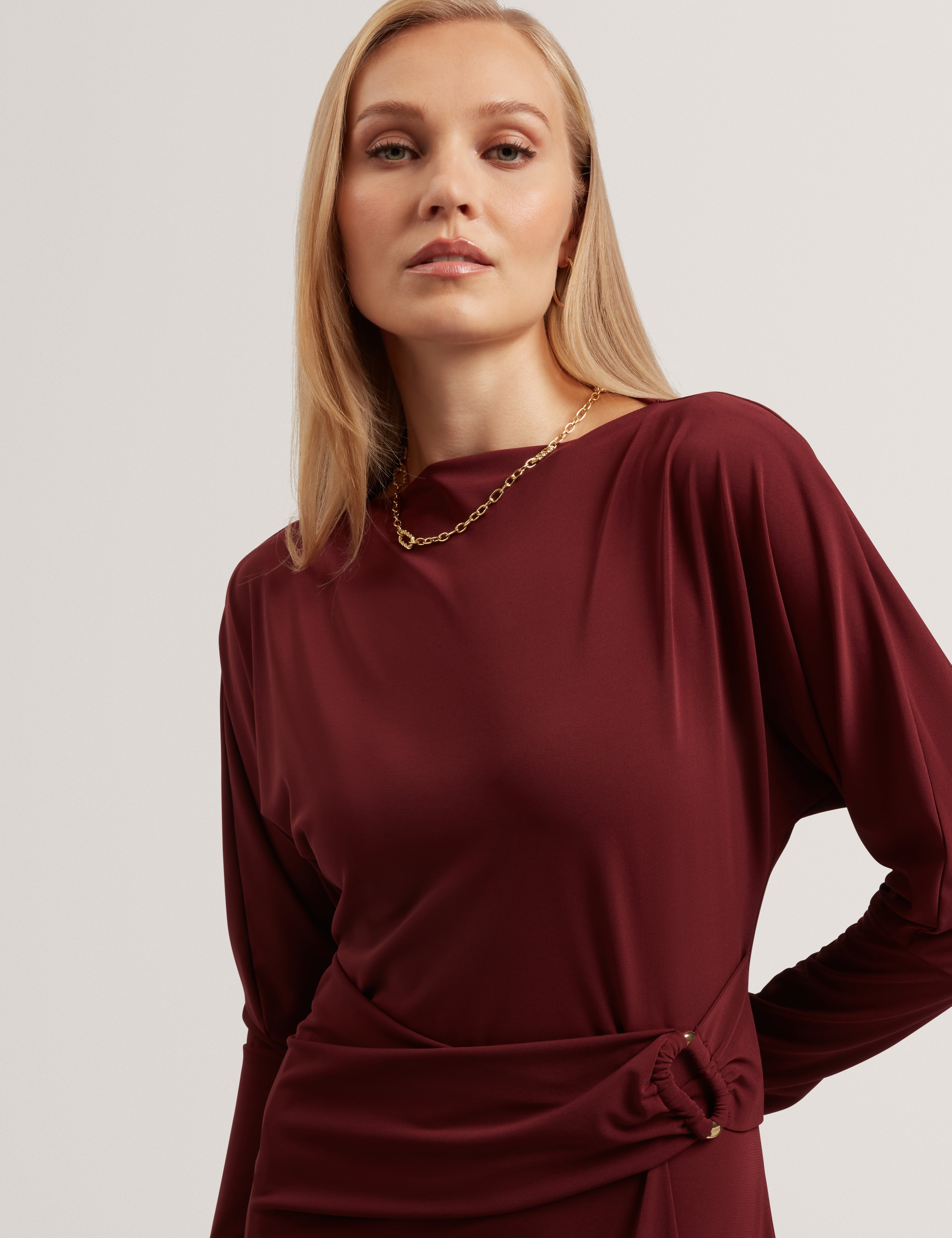 oxblood midi dress Oxblood Botanical Pattern Long Sleeve Dress