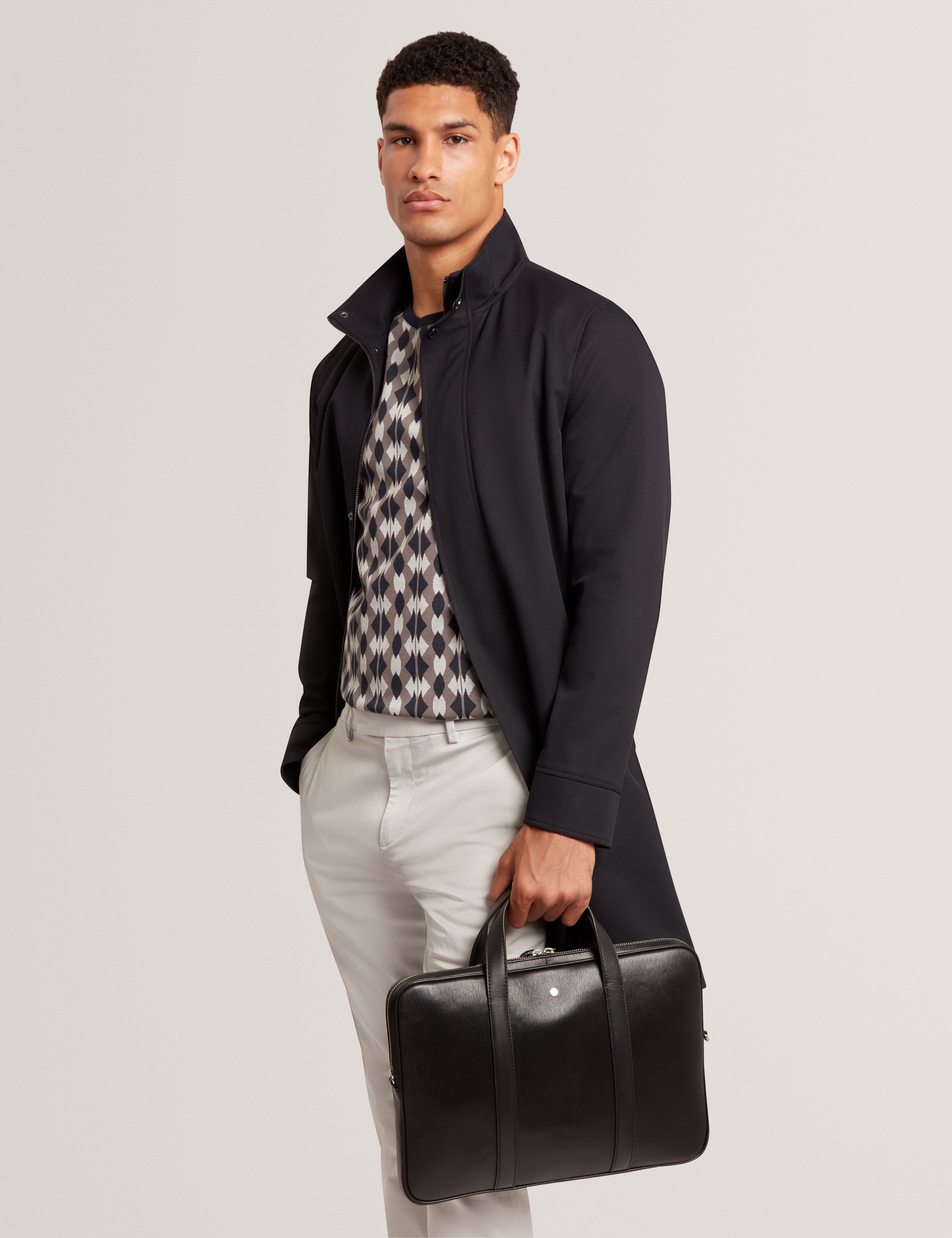 Baylon Bark Texture Leather Laptop Bag Black