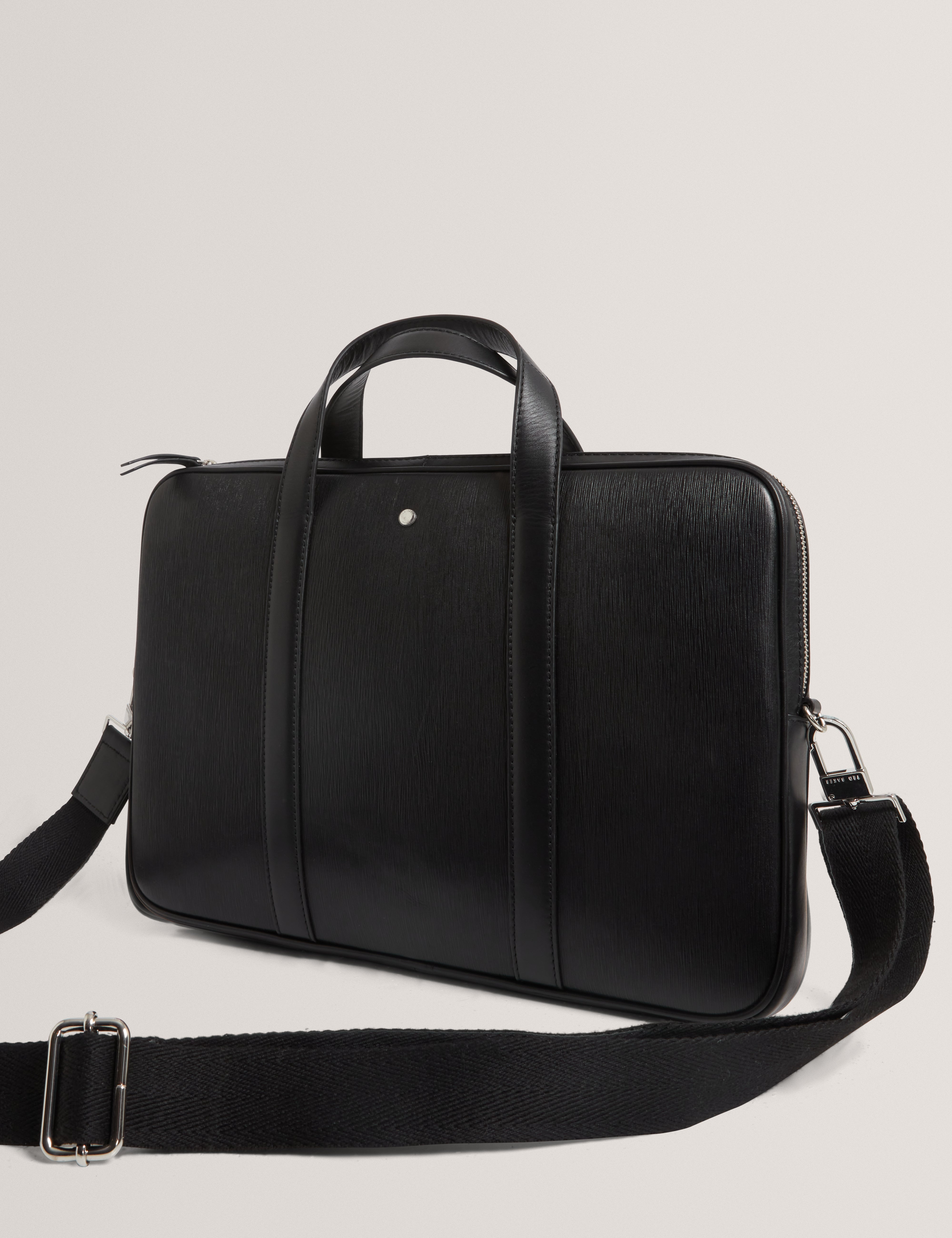 Baylon Bark Texture Leather Laptop Bag Black