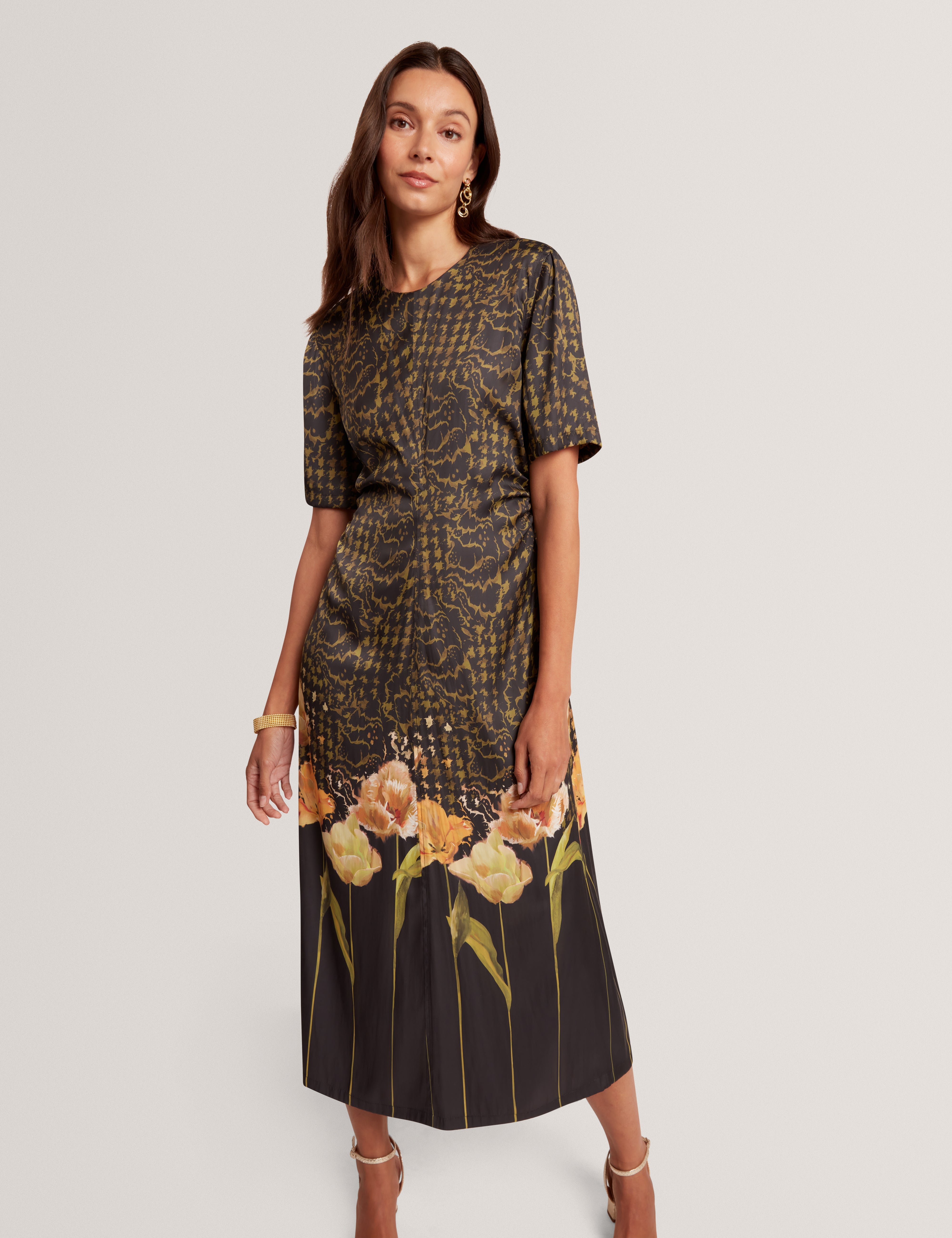 Aevaa Printed Midi Dress With Waist Gathers Black