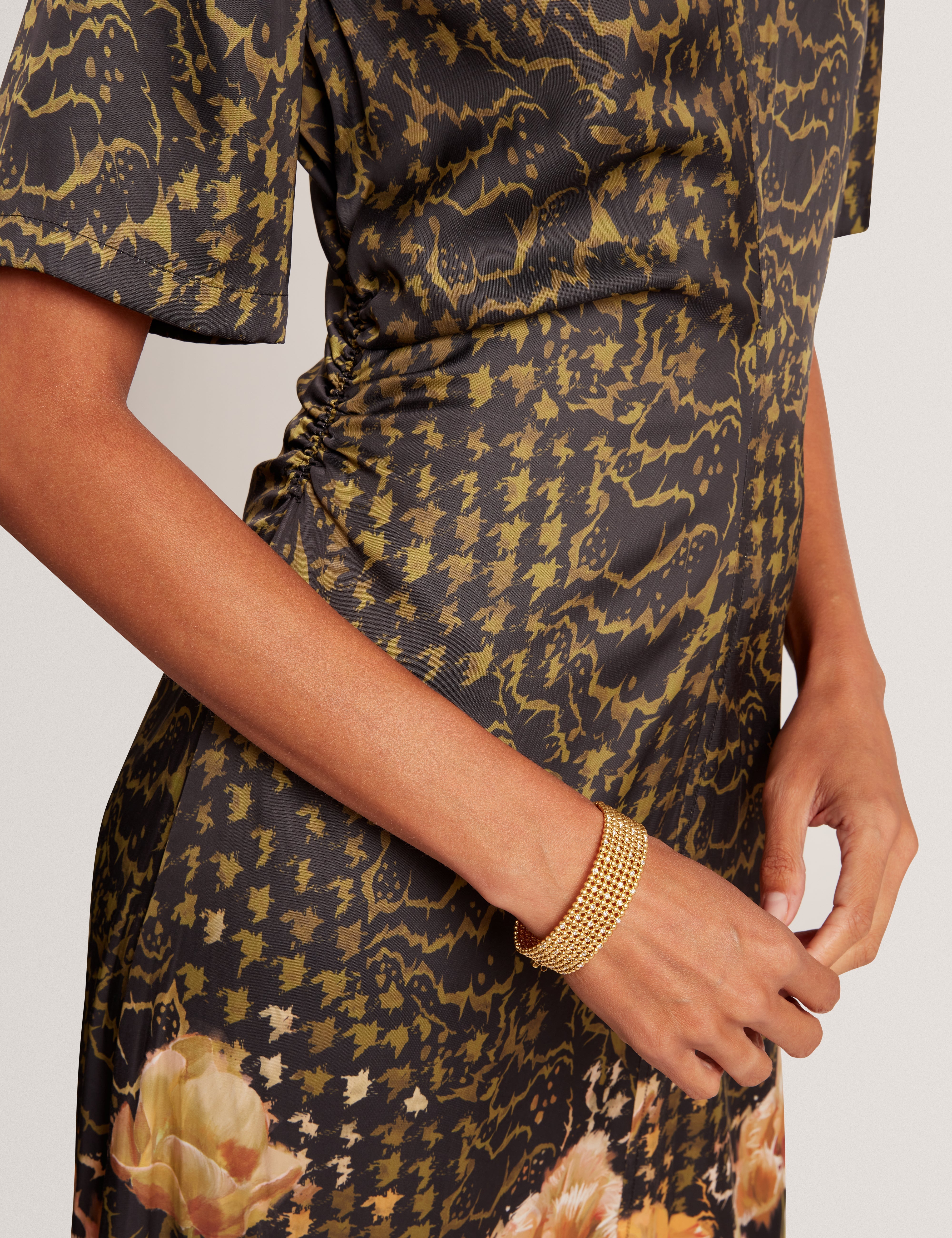 Aevaa Printed Midi Dress With Waist Gathers Black