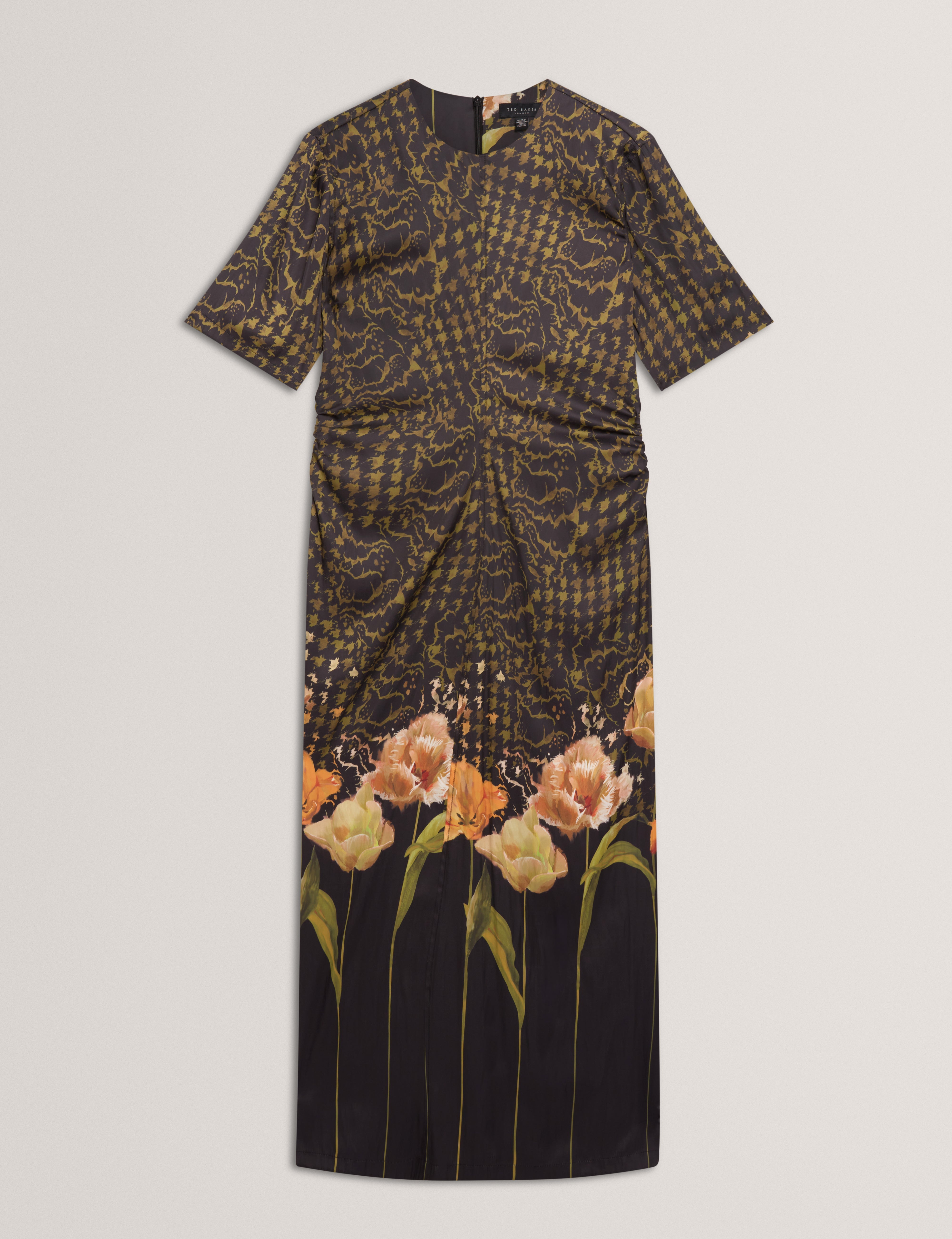 Aevaa Printed Midi Dress With Waist Gathers Black