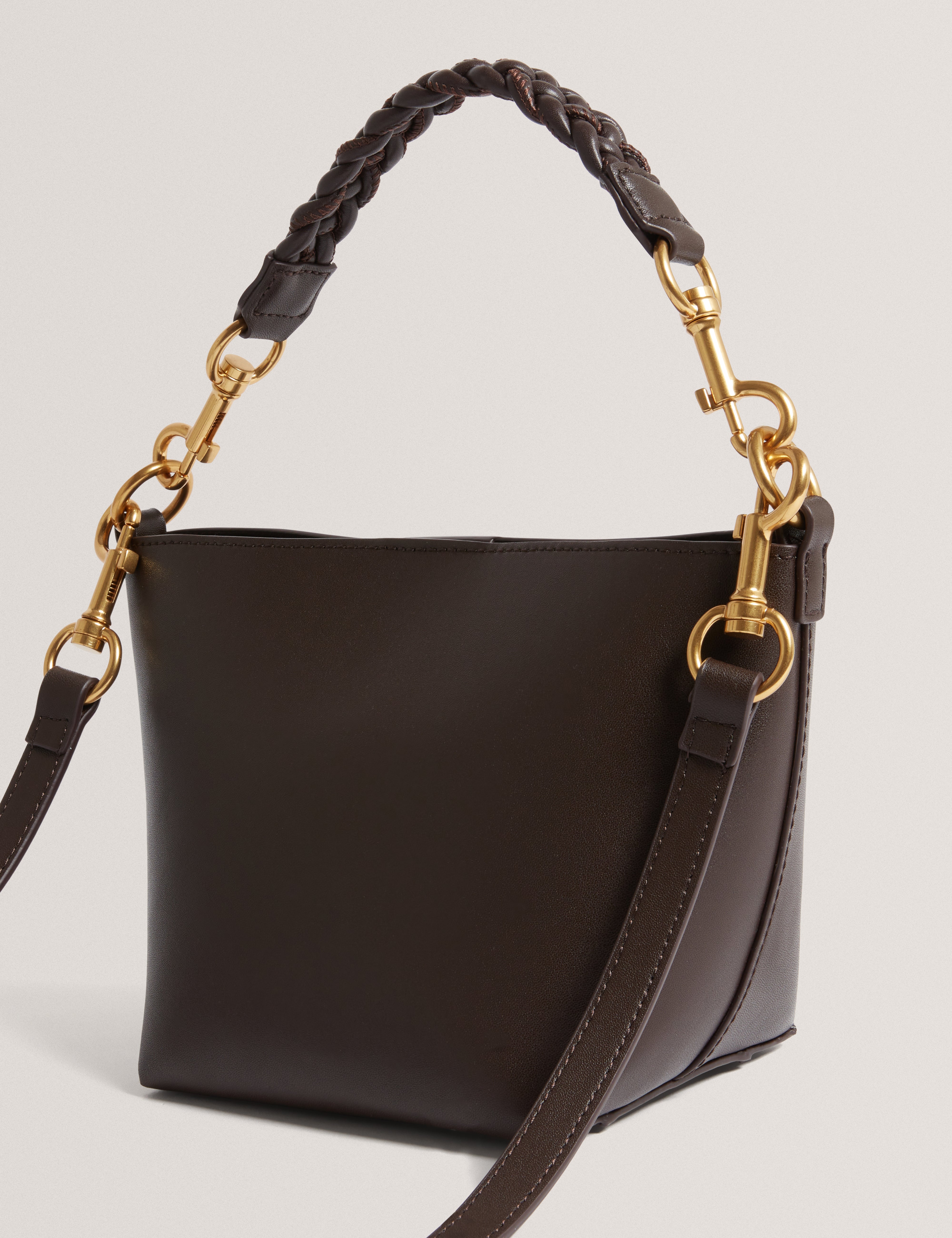 Wavely Weave Handle Leather Small Bucket Bag Brn-Choc