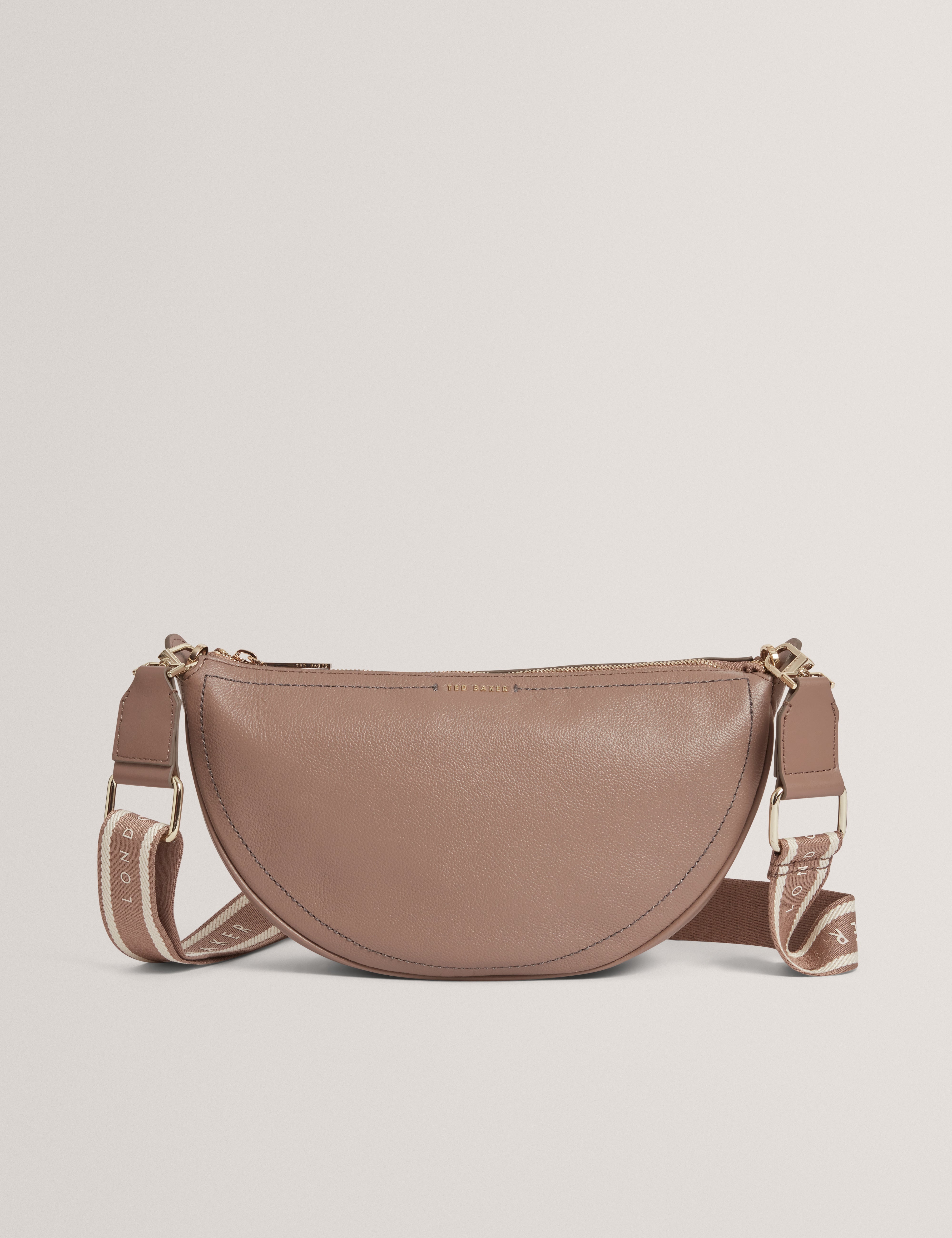 Lorreen Webbing Leather Half Moon Crossbody Bag Taupe