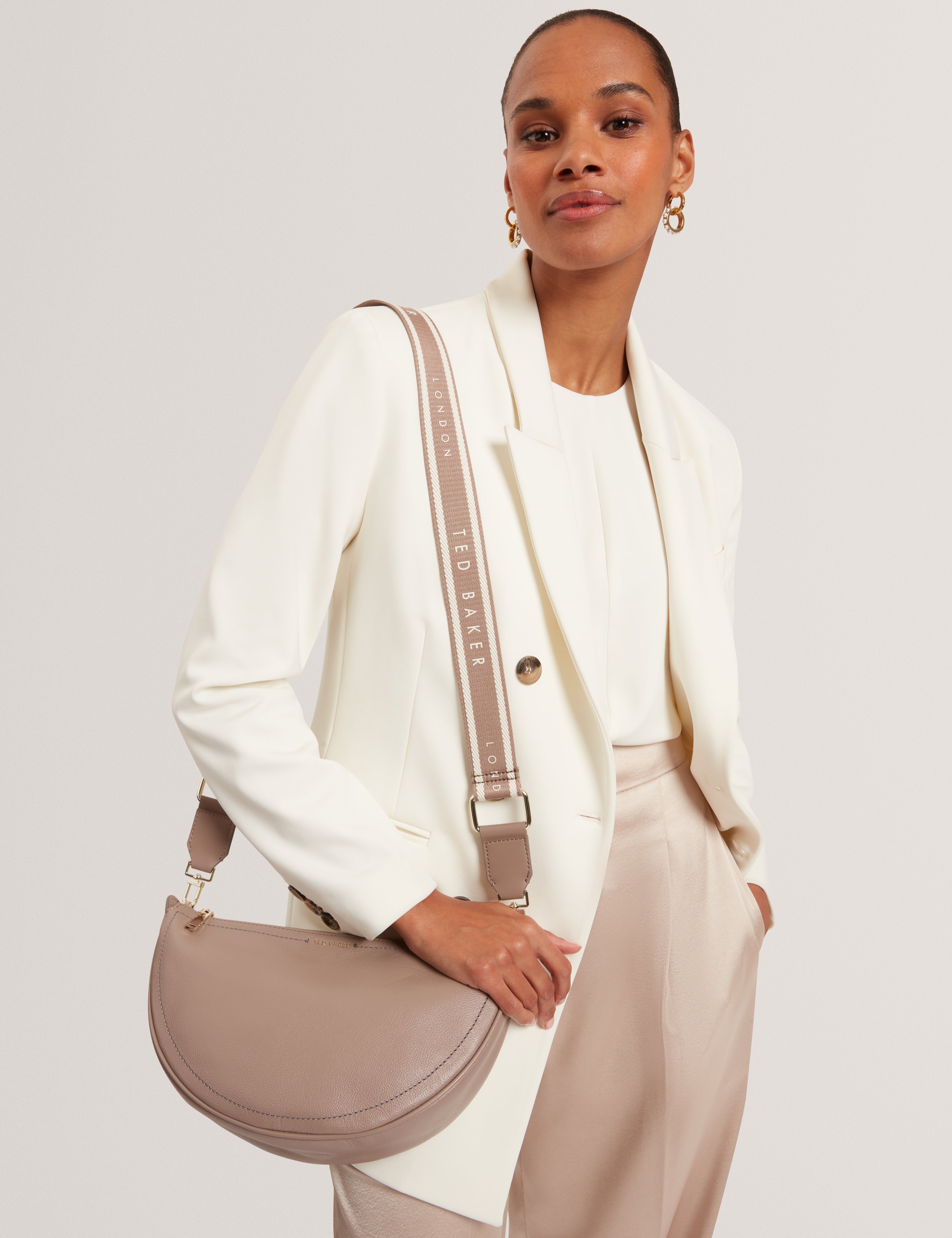 Lorreen Webbing Leather Half Moon Crossbody Bag Taupe