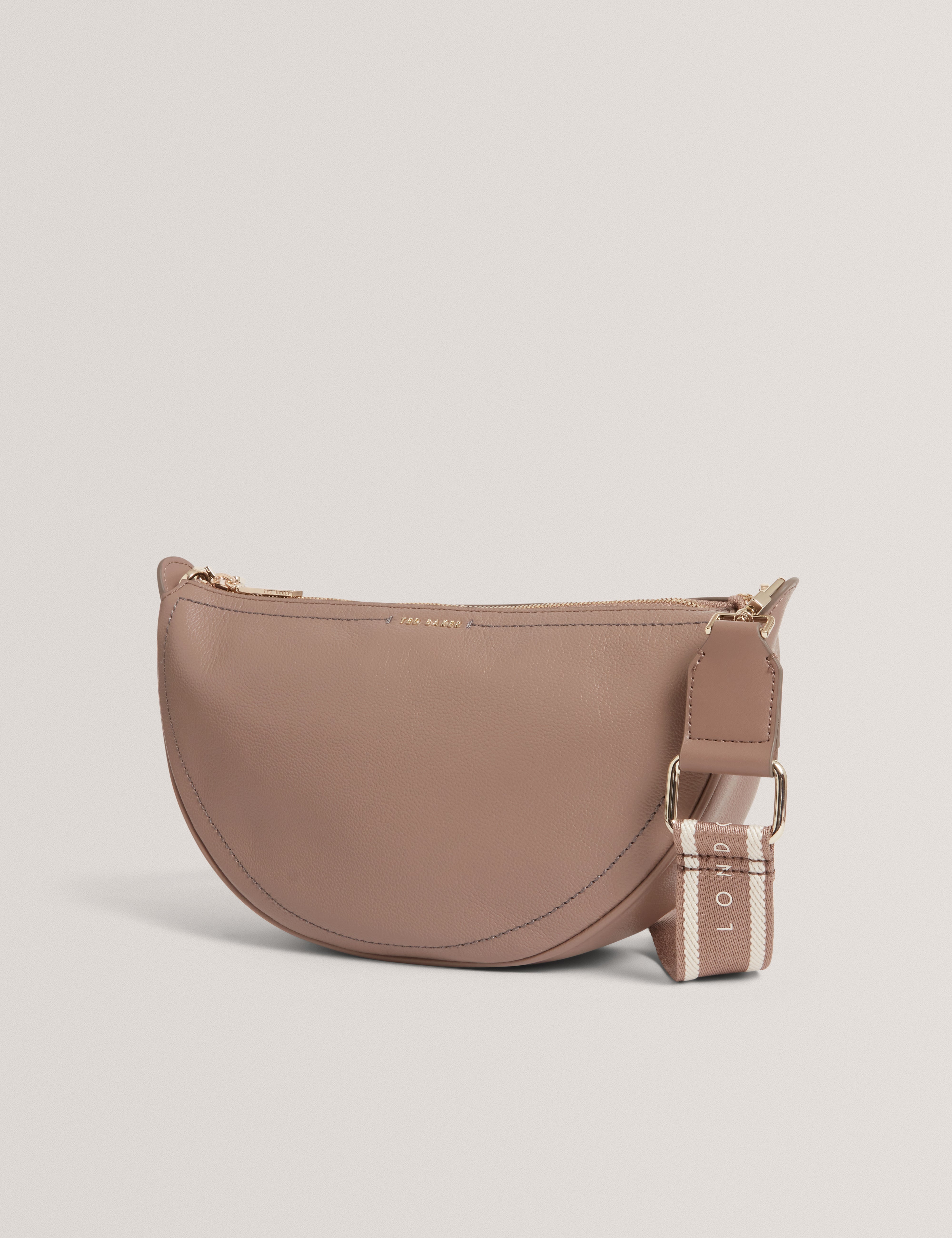 Lorreen Webbing Leather Half Moon Crossbody Bag Taupe