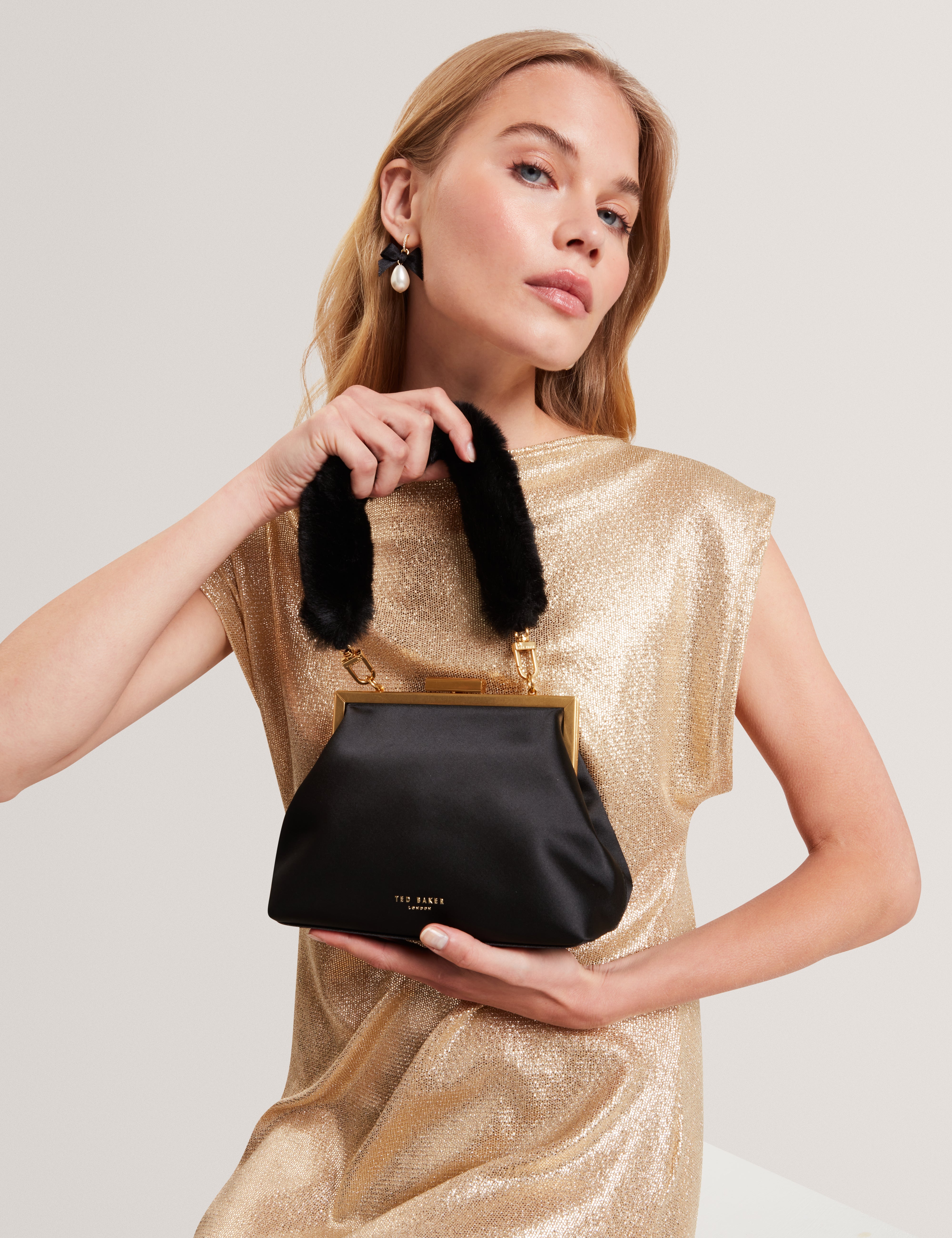 Purcey Satin Fur Handle Clutch Bag Black