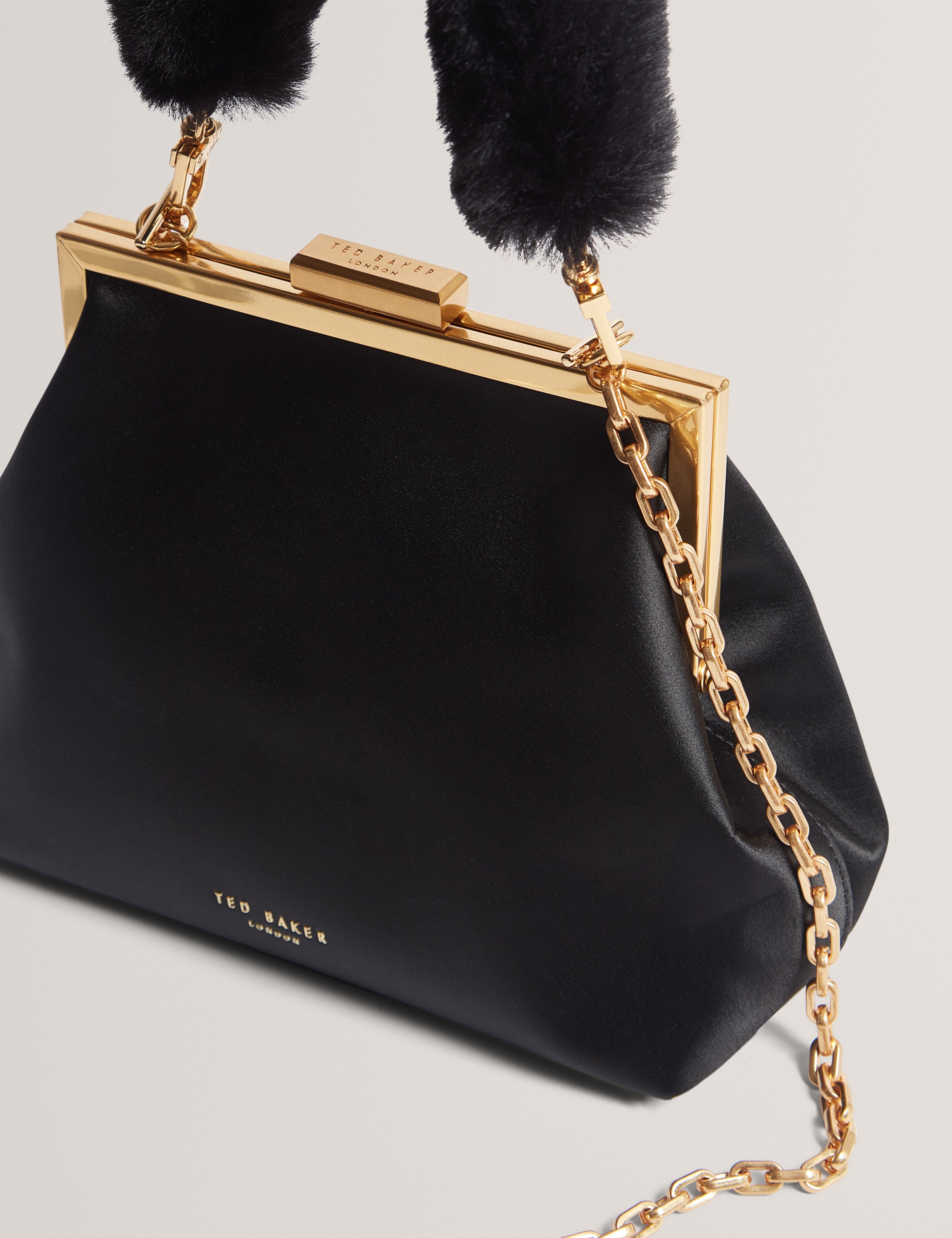 Purcey Satin Fur Handle Clutch Bag Black