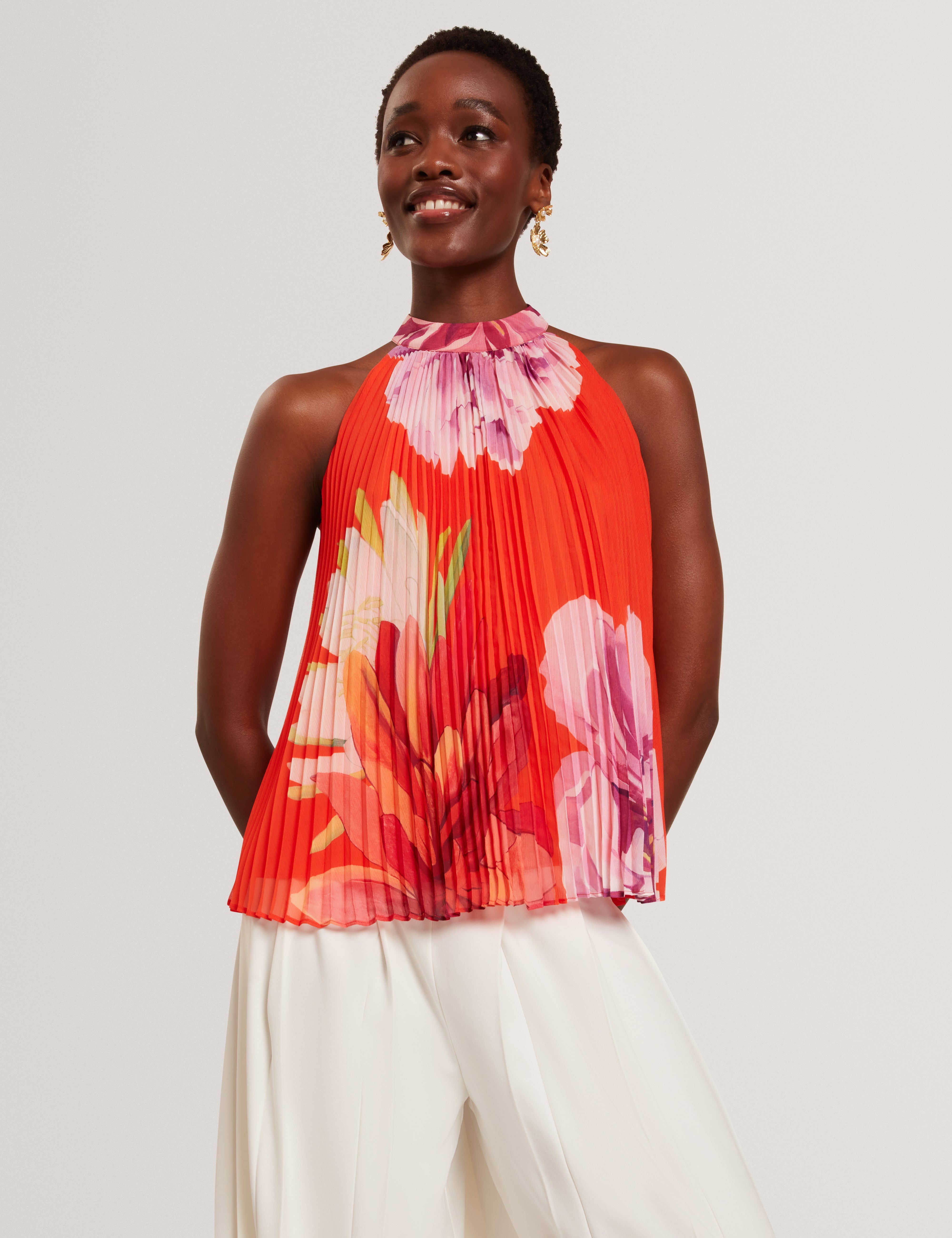 Clovina Printed Halter Neck Sleeveless Pleated Top Orange