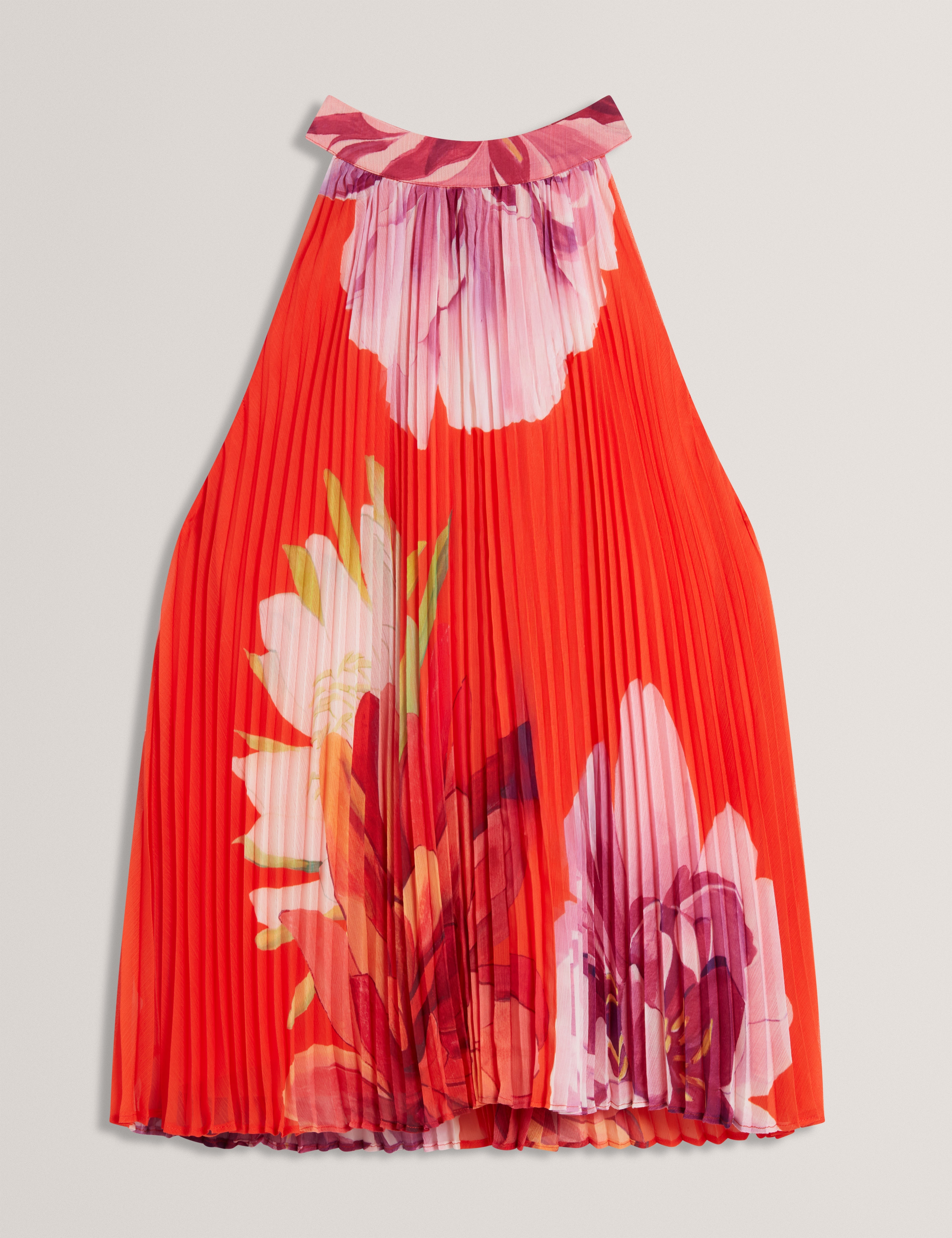 Clovina Printed Halter Neck Sleeveless Pleated Top Orange