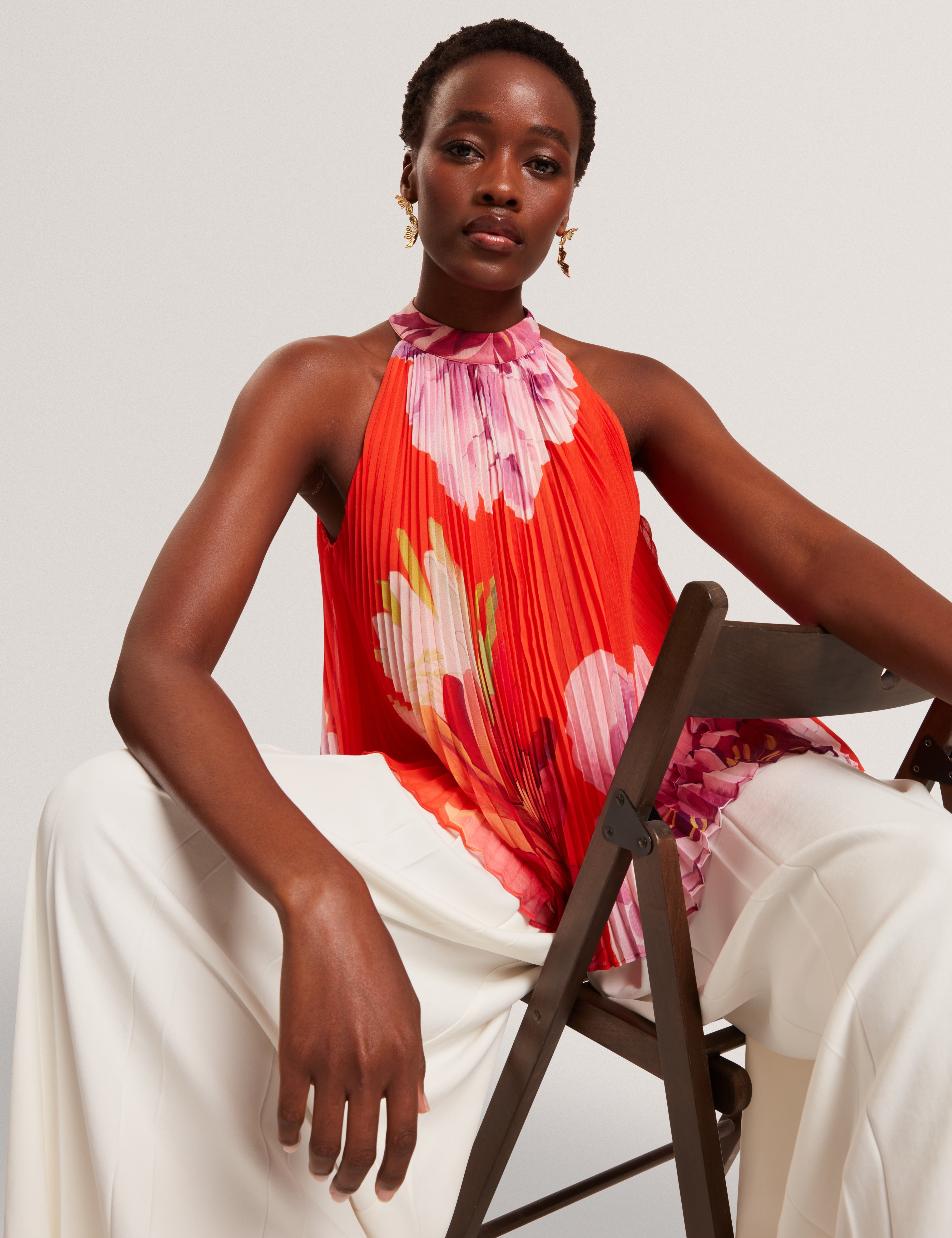 Clovina Printed Halter Neck Sleeveless Pleated Top Orange