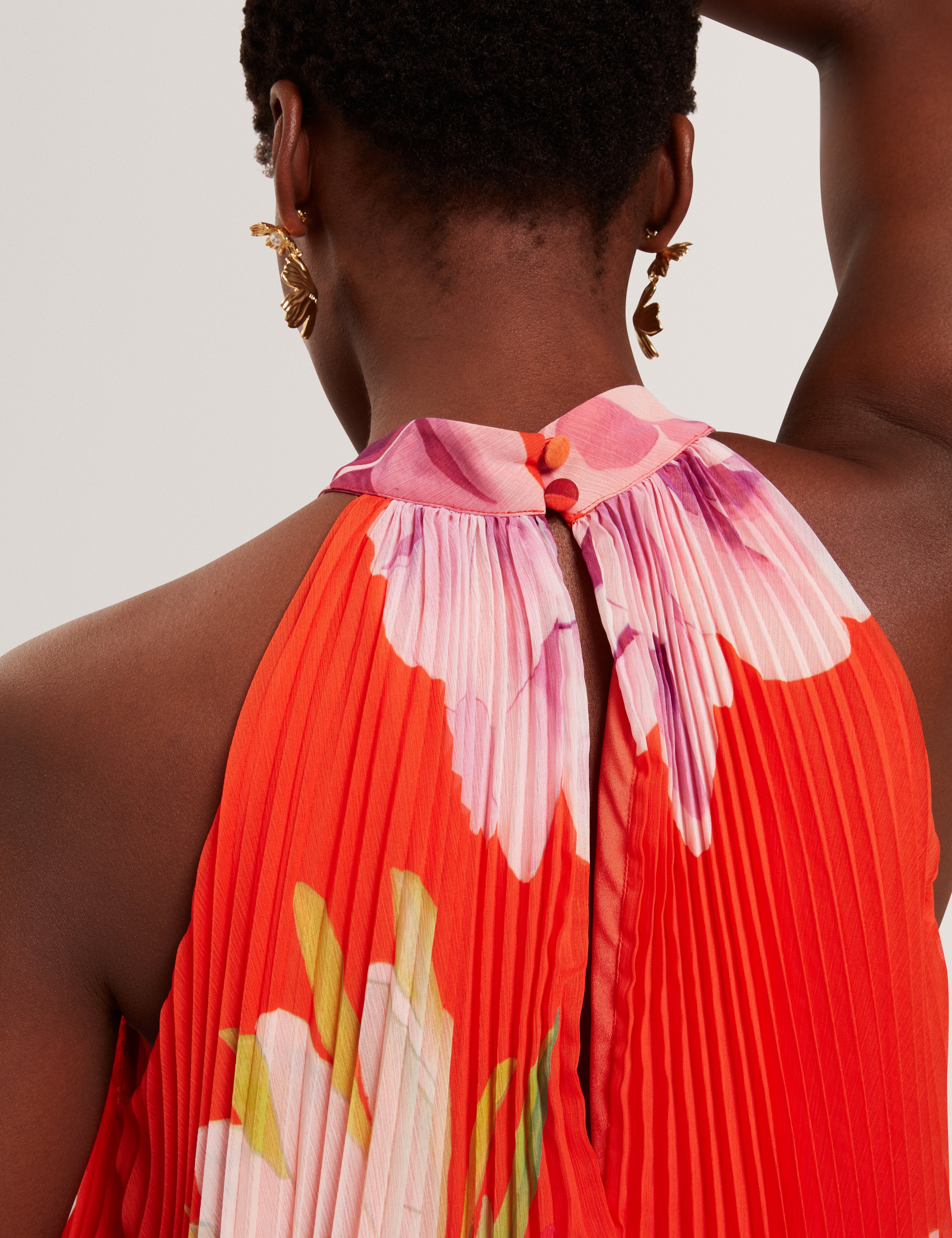 Clovina Printed Halter Neck Sleeveless Pleated Top Orange