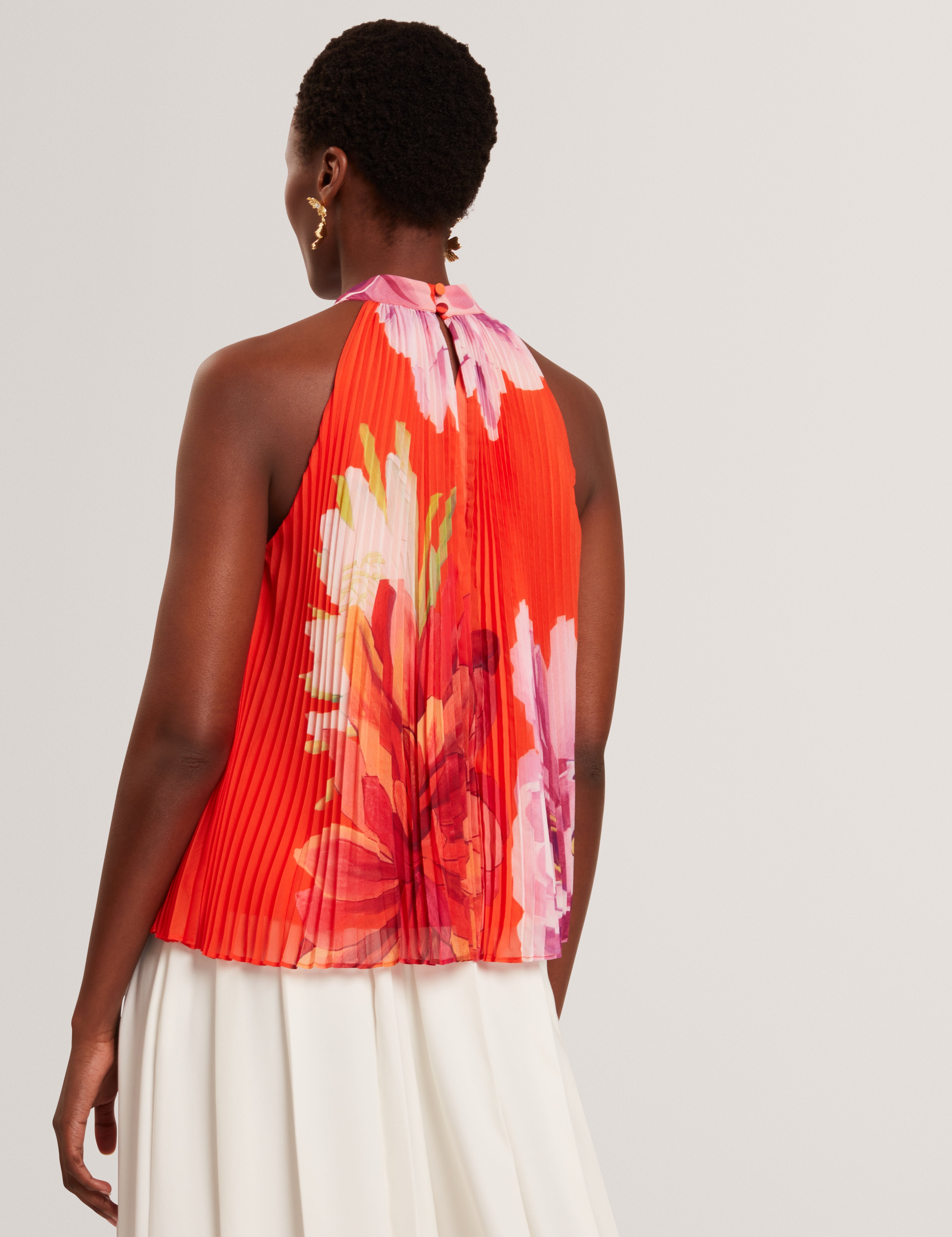 Clovina Printed Halter Neck Sleeveless Pleated Top Orange