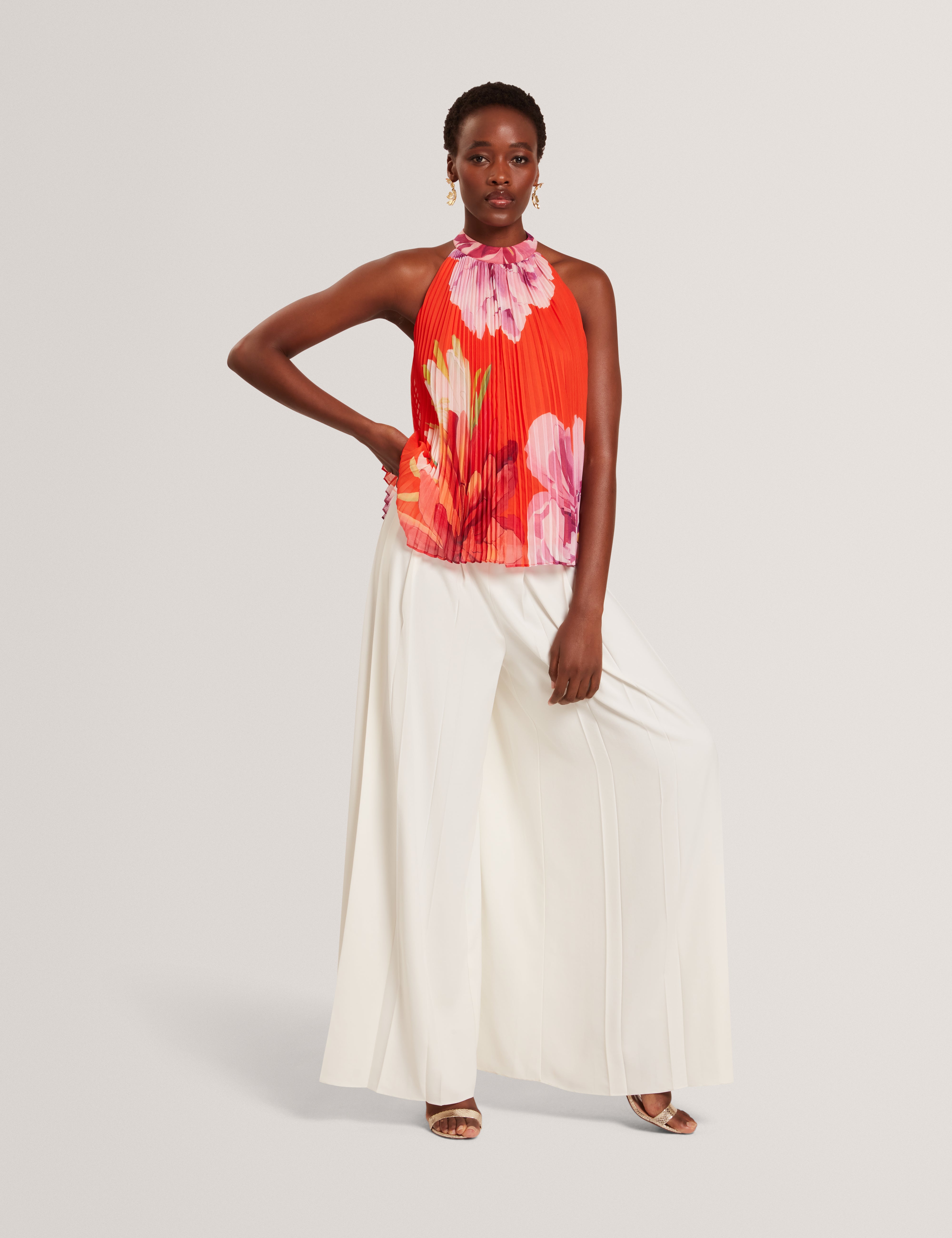 Clovina Printed Halter Neck Sleeveless Pleated Top Orange