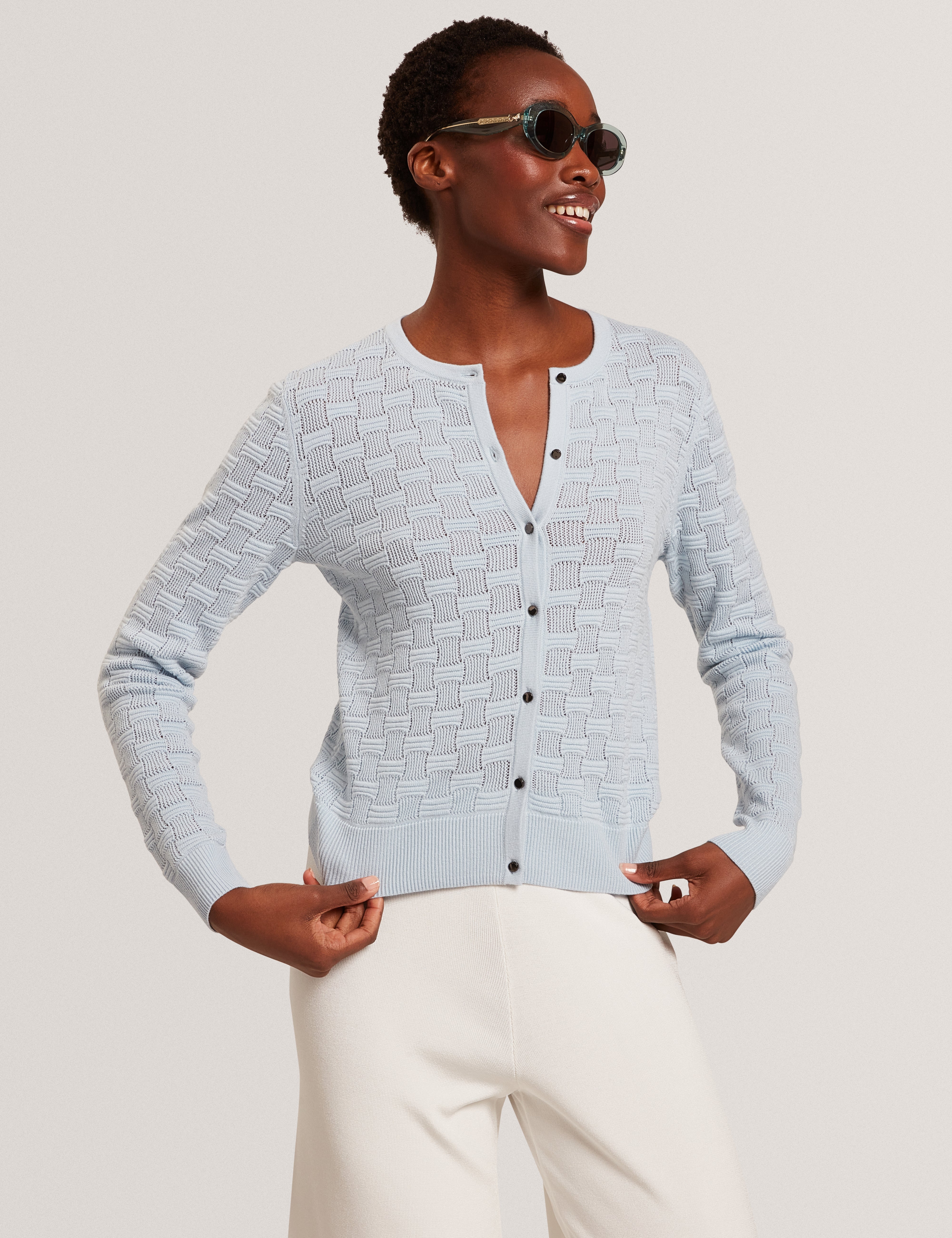 Cahrie Touch Of Silk Knitted Crew Neck Cardigan Pl-Blue