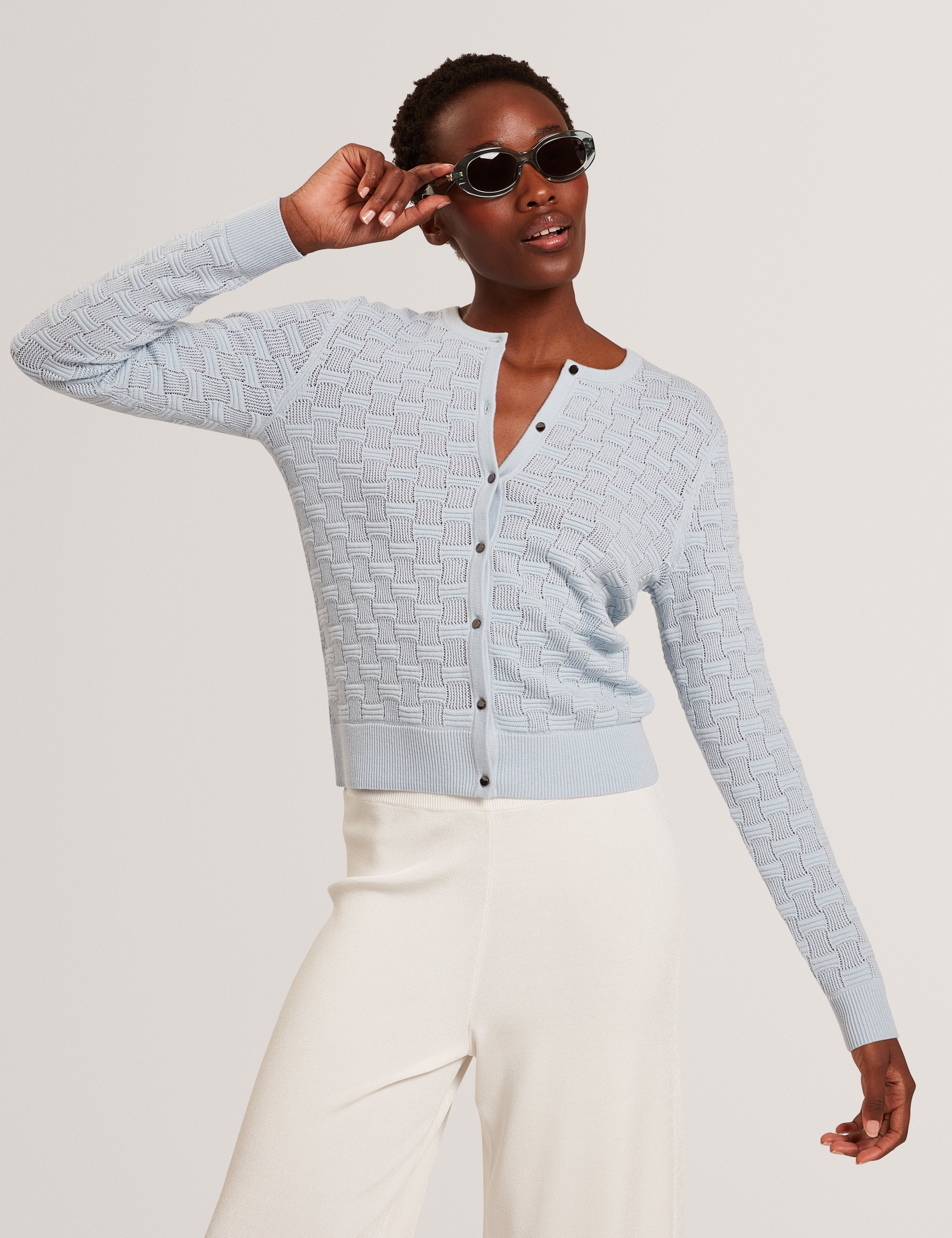 Cahrie Touch Of Silk Knitted Crew Neck Cardigan Pl-Blue