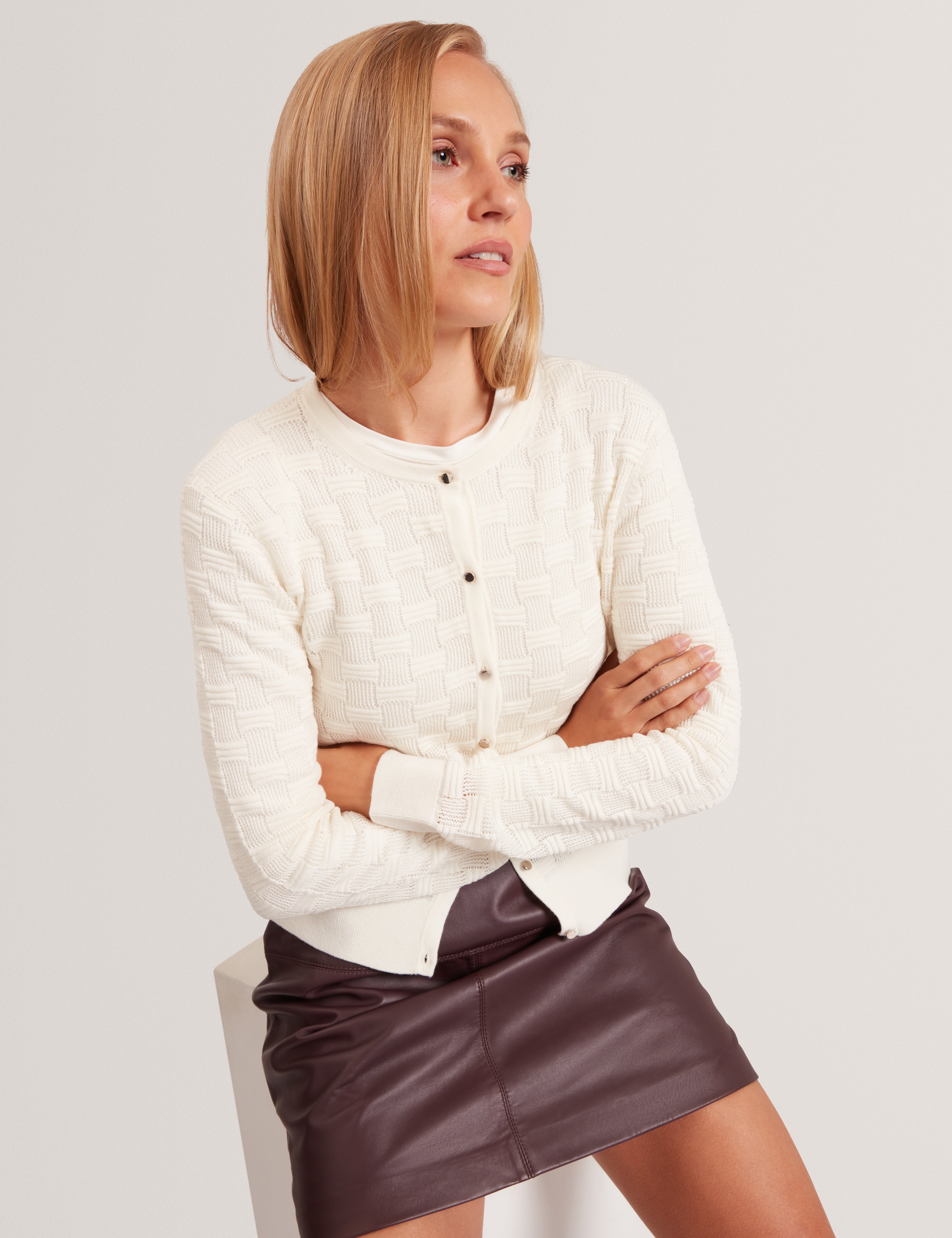 Cahrie Touch Of Silk Knitted Crew Neck Cardigan White