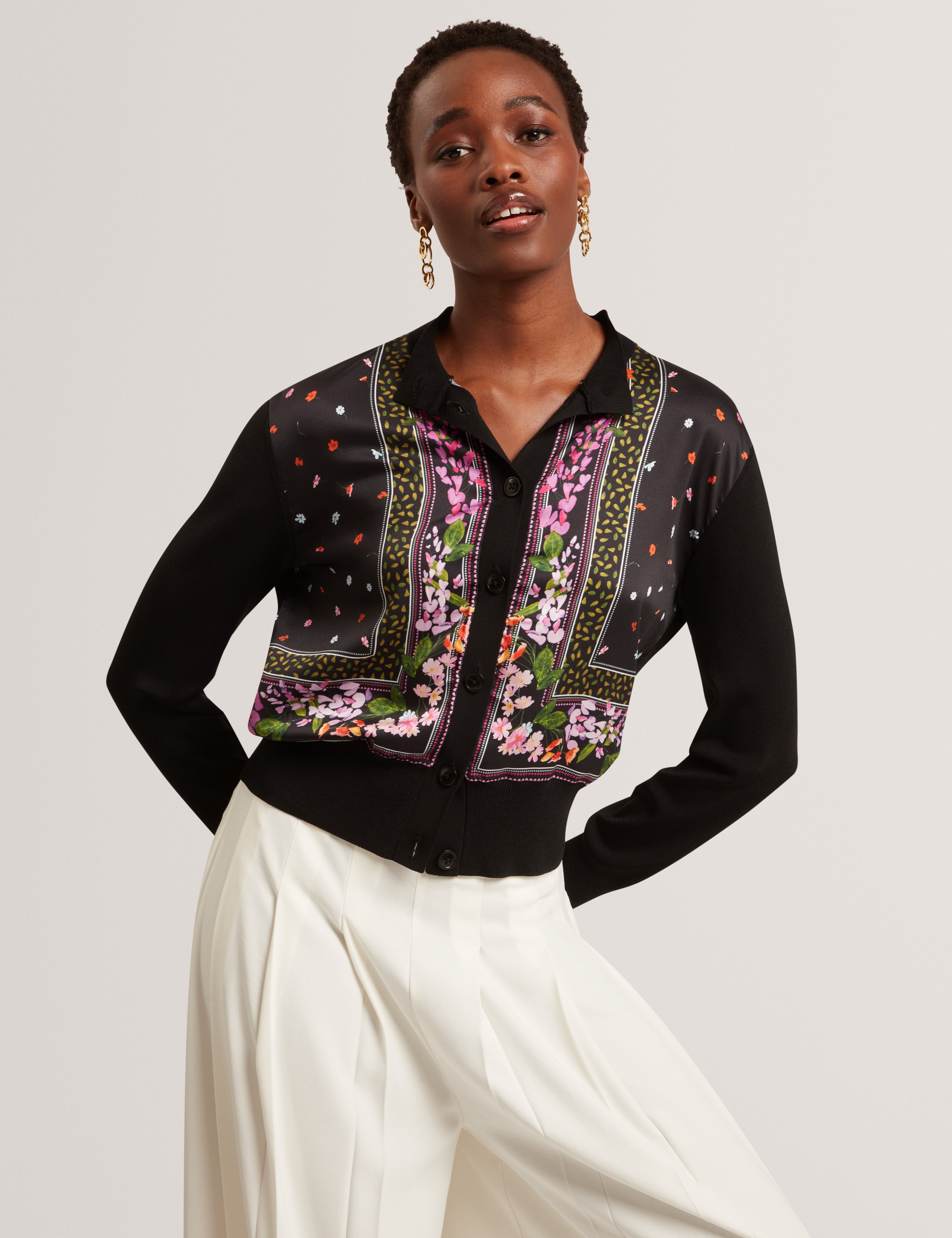 Demili Printed Woven Front Cardigan Black