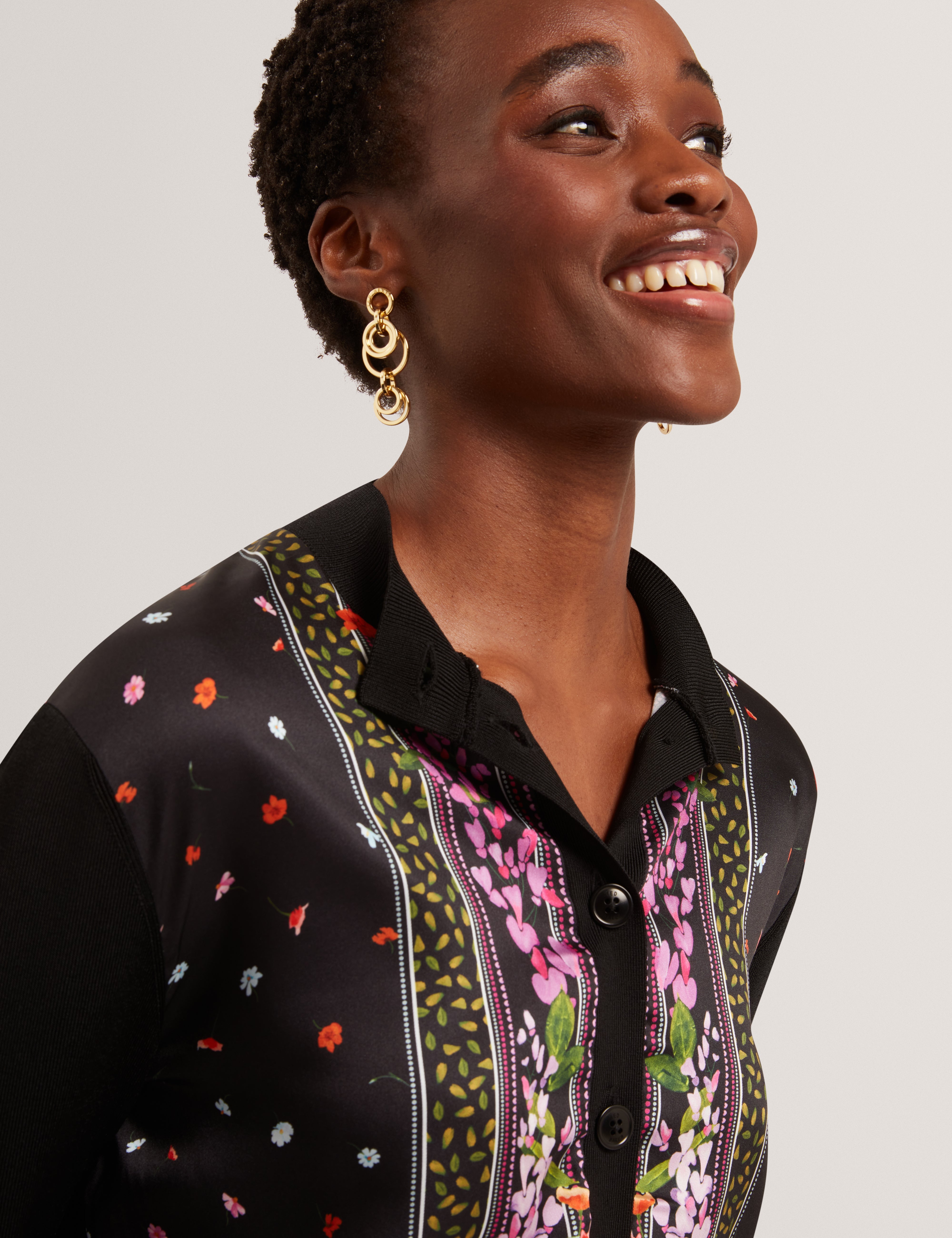Demili Printed Woven Front Cardigan Black