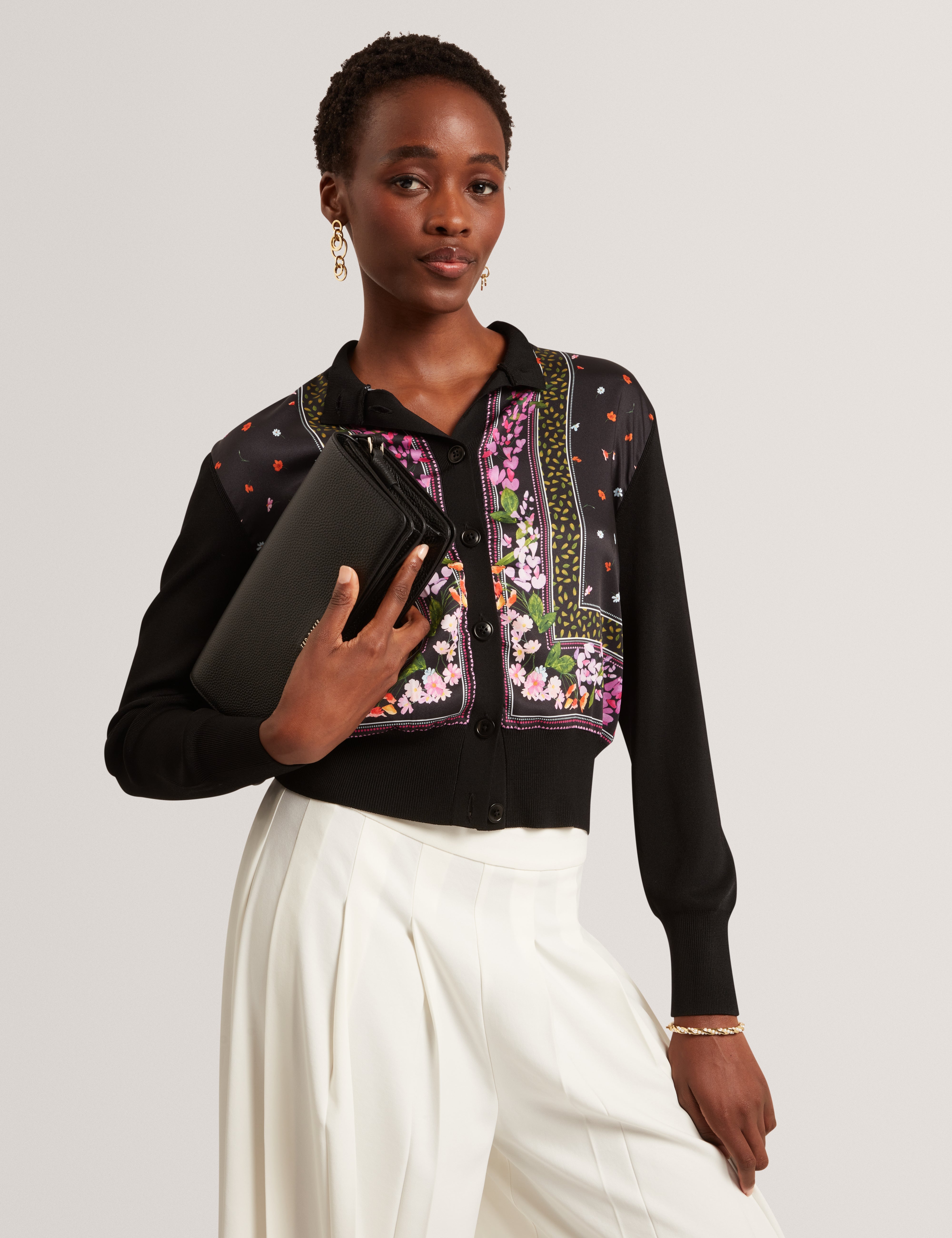 Demili Printed Woven Front Cardigan Black