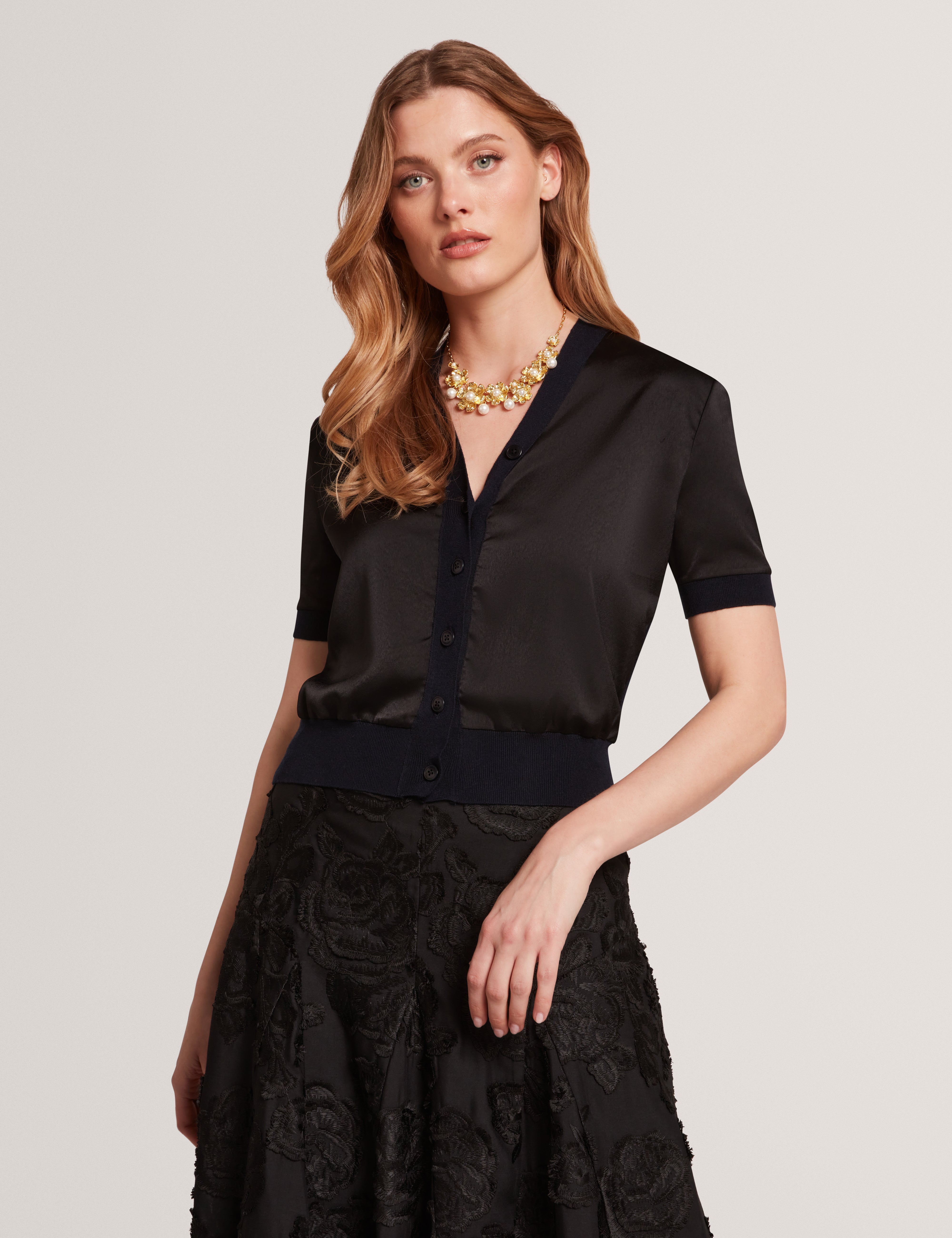 Ofina Woven Front Short Sleeve Cardigan Black