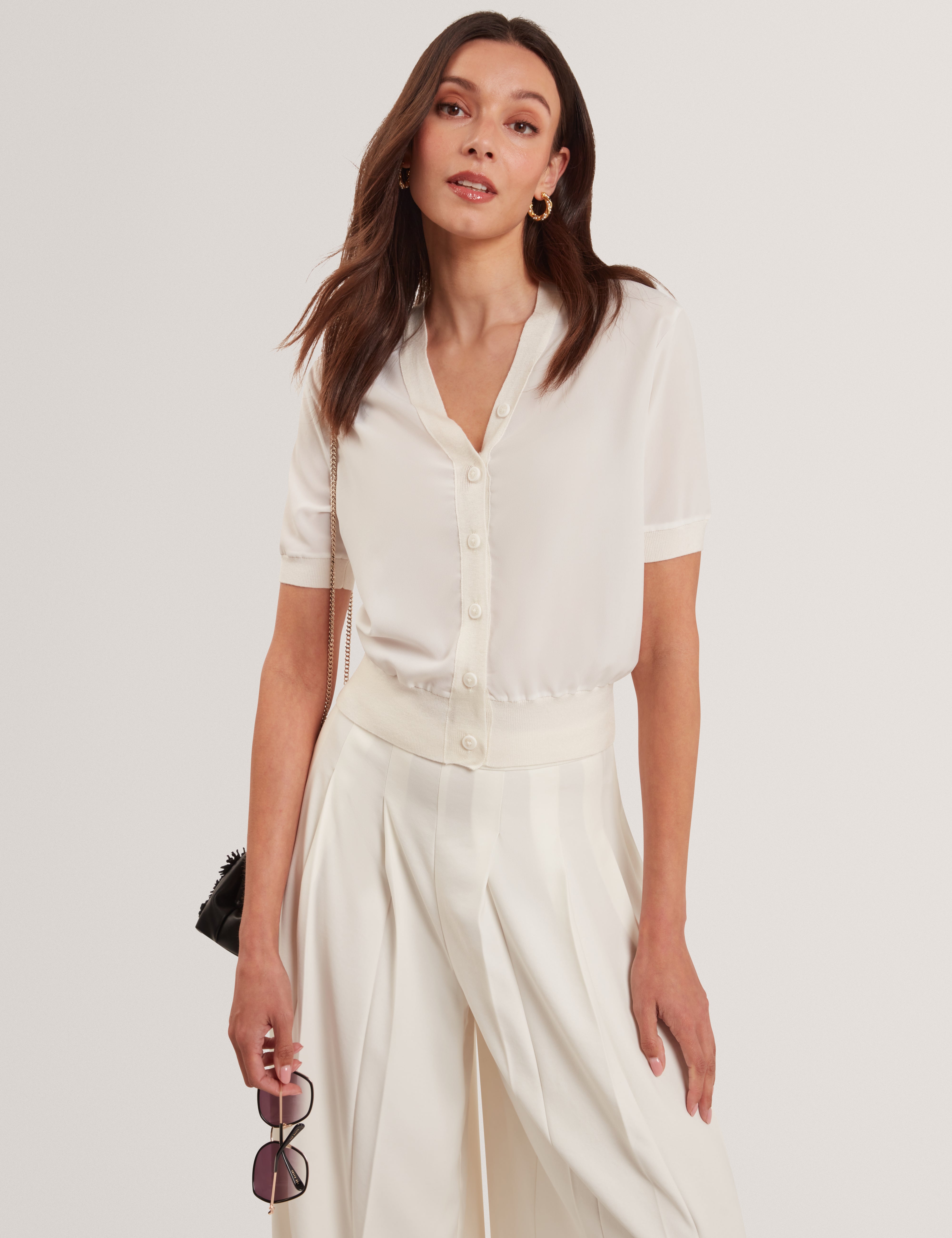 Ofina Woven Front Short Sleeve Cardigan White