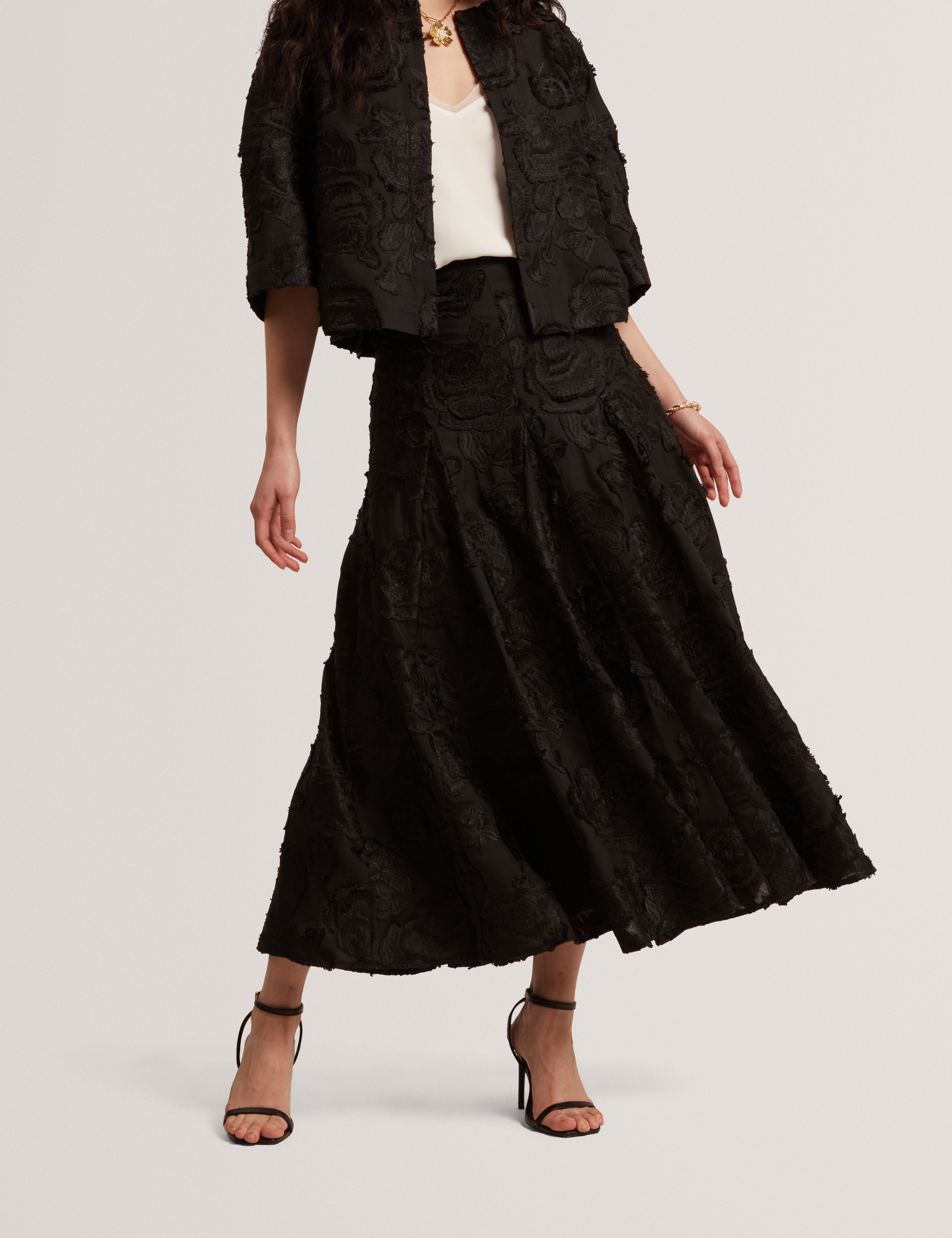 Eccrina Textured Rose Detail Midi Skirt Black