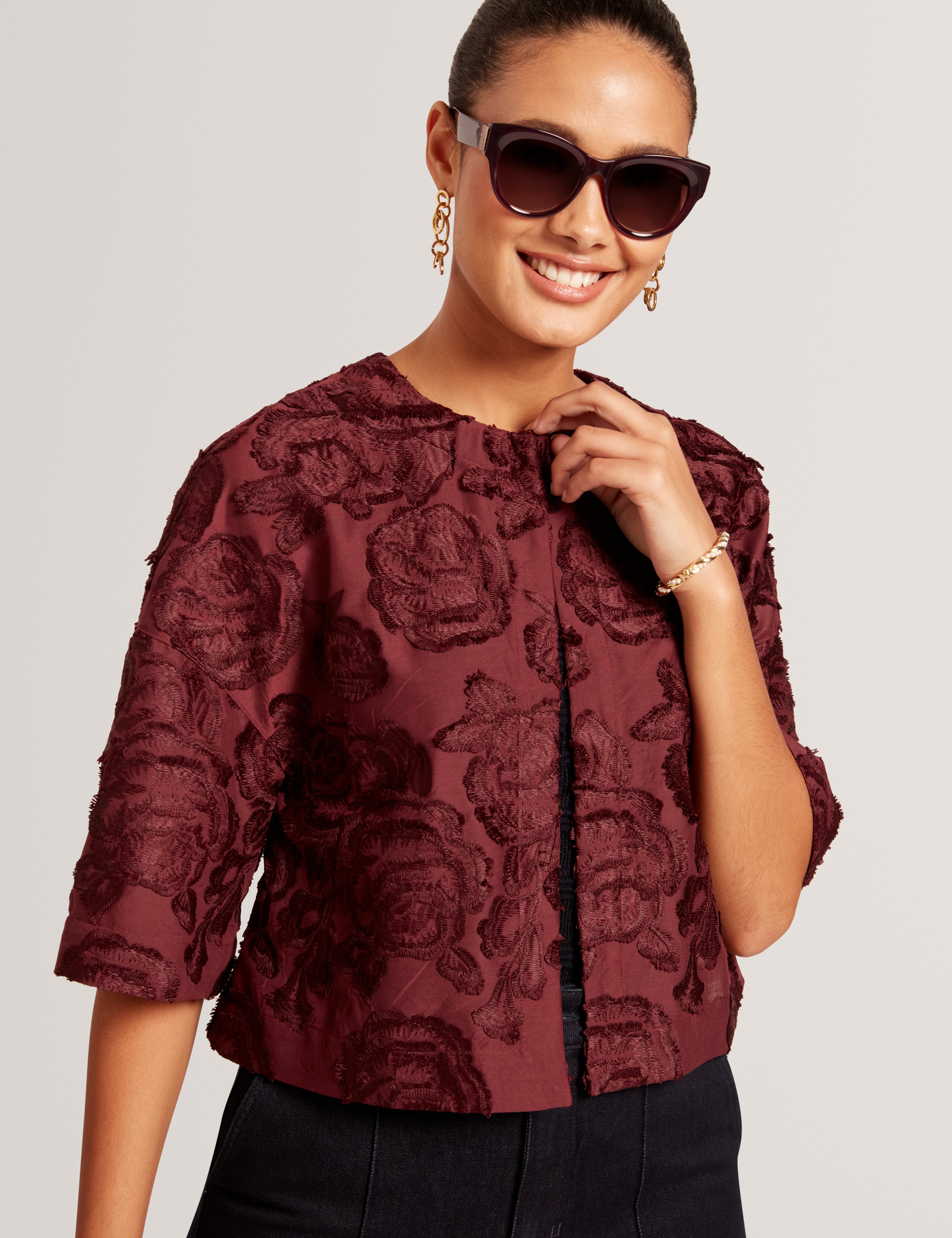 Faela Textured Rose Cropped Jacket Oxblood