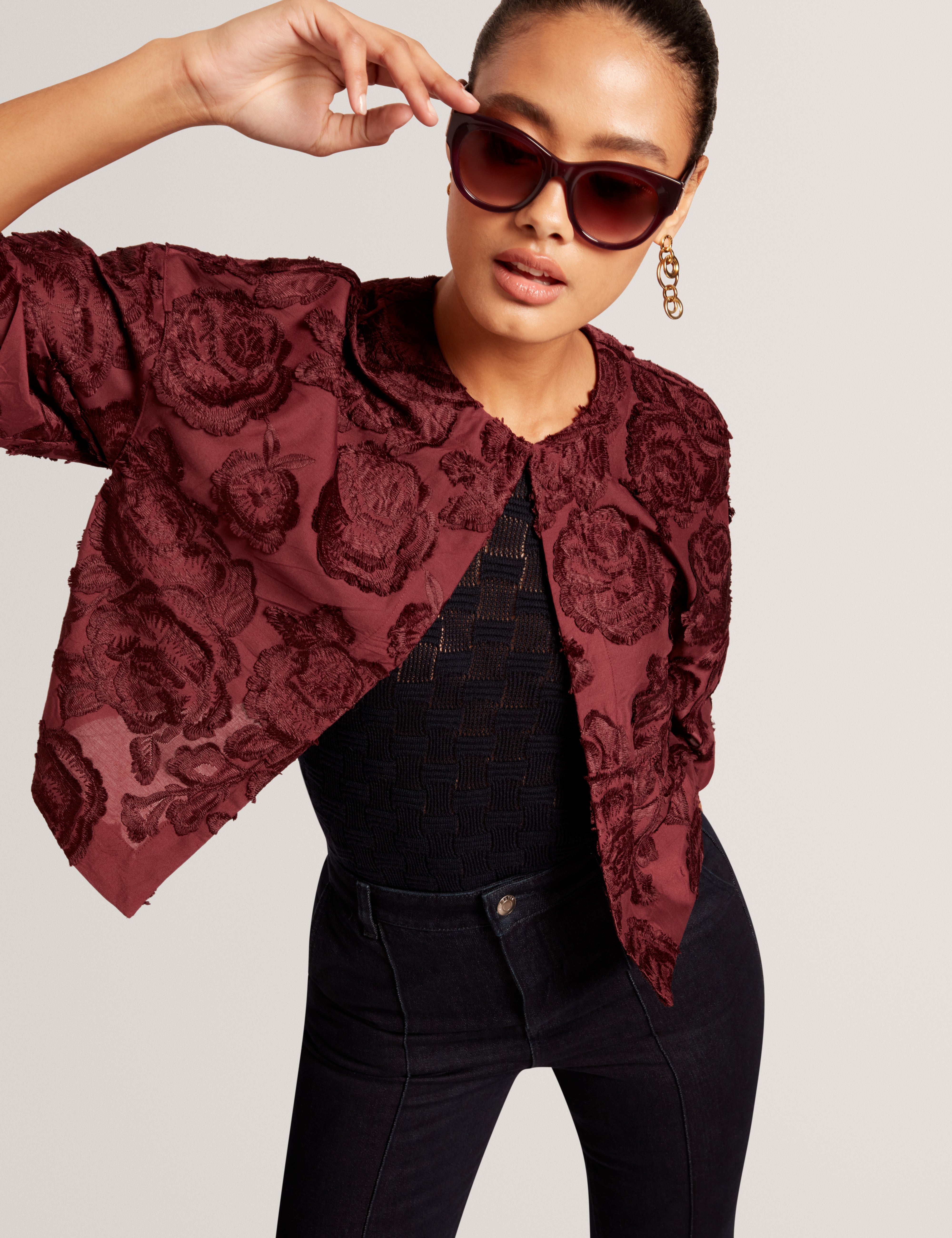 Faela Textured Rose Cropped Jacket Oxblood