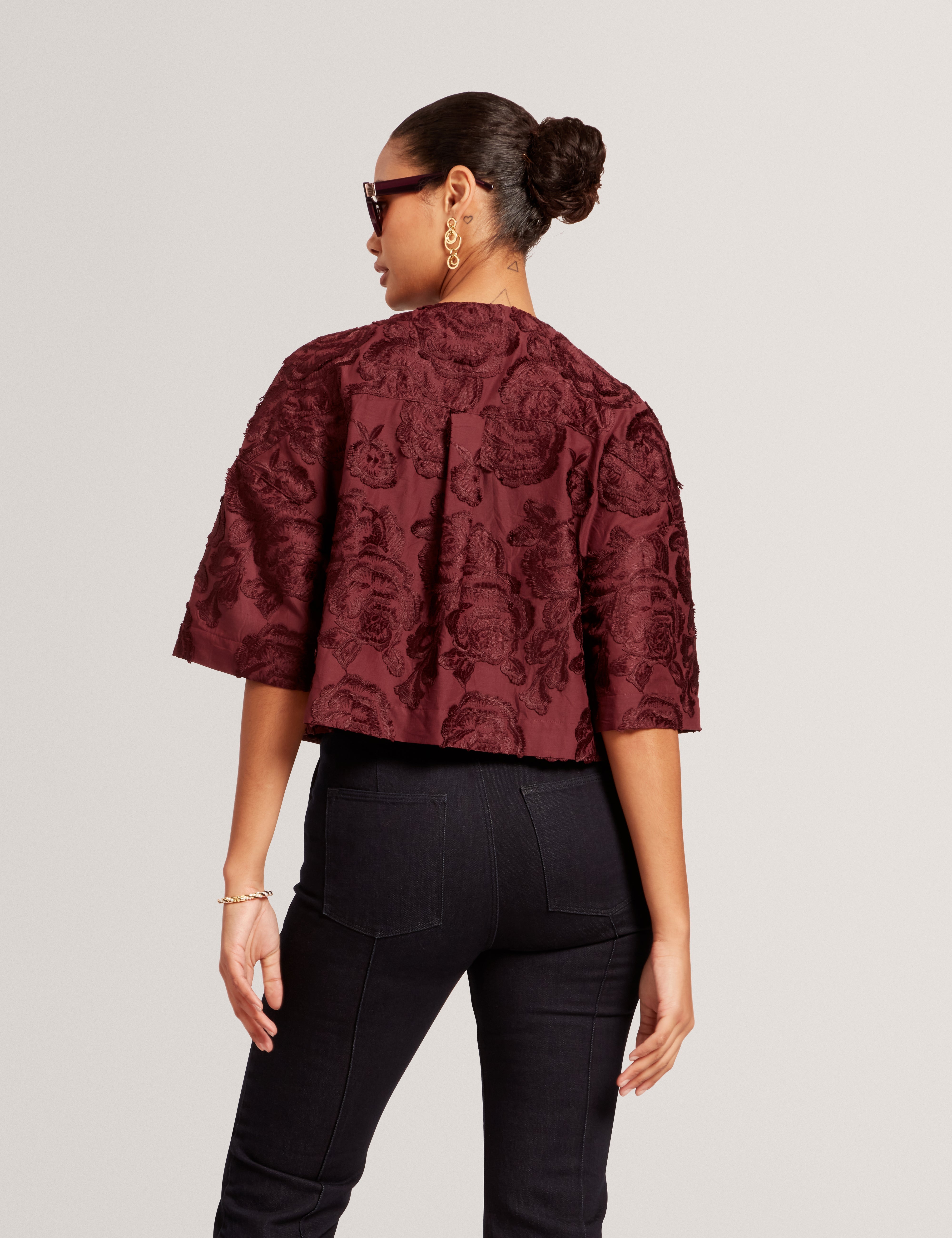 Faela Textured Rose Cropped Jacket Oxblood