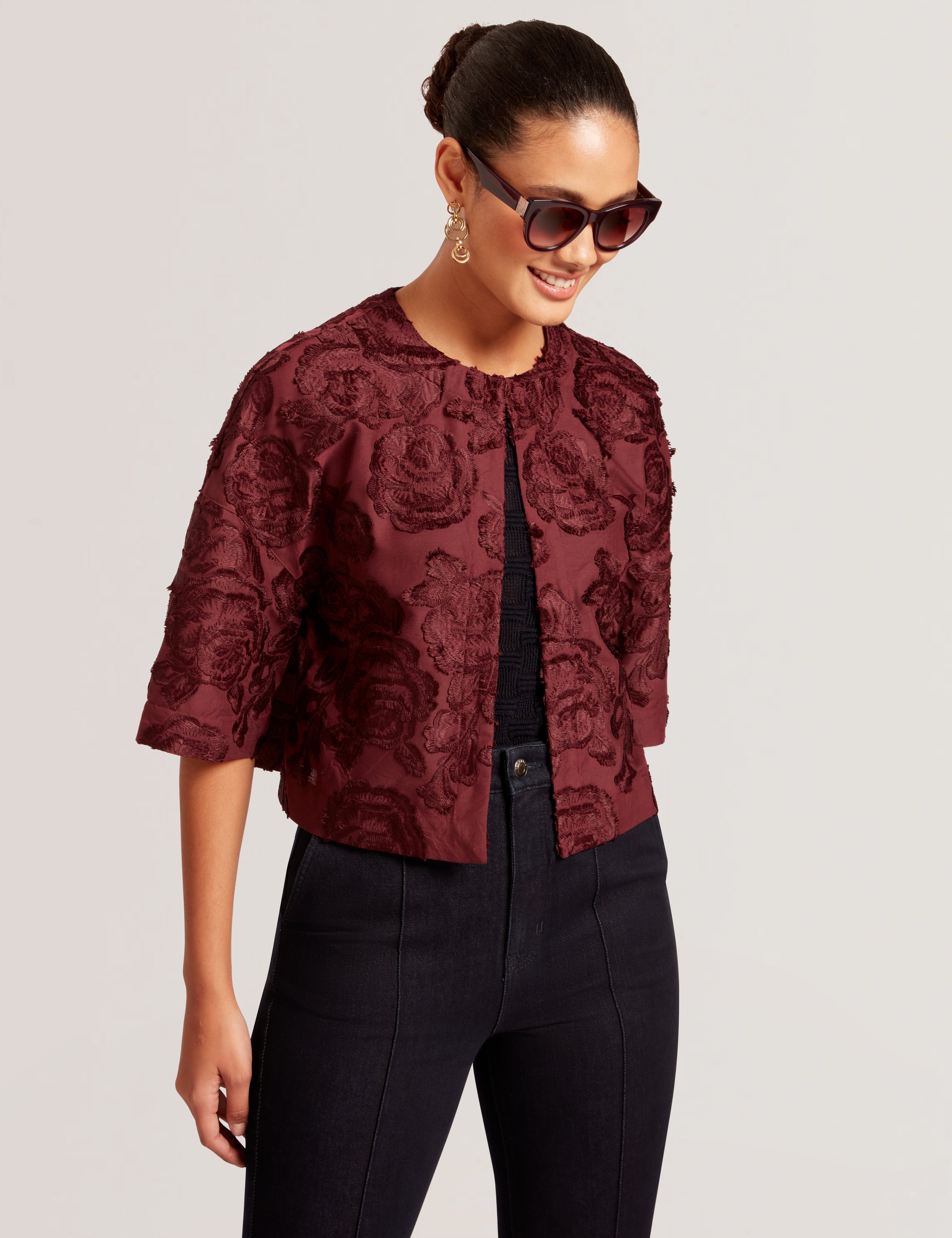 Faela Textured Rose Cropped Jacket Oxblood