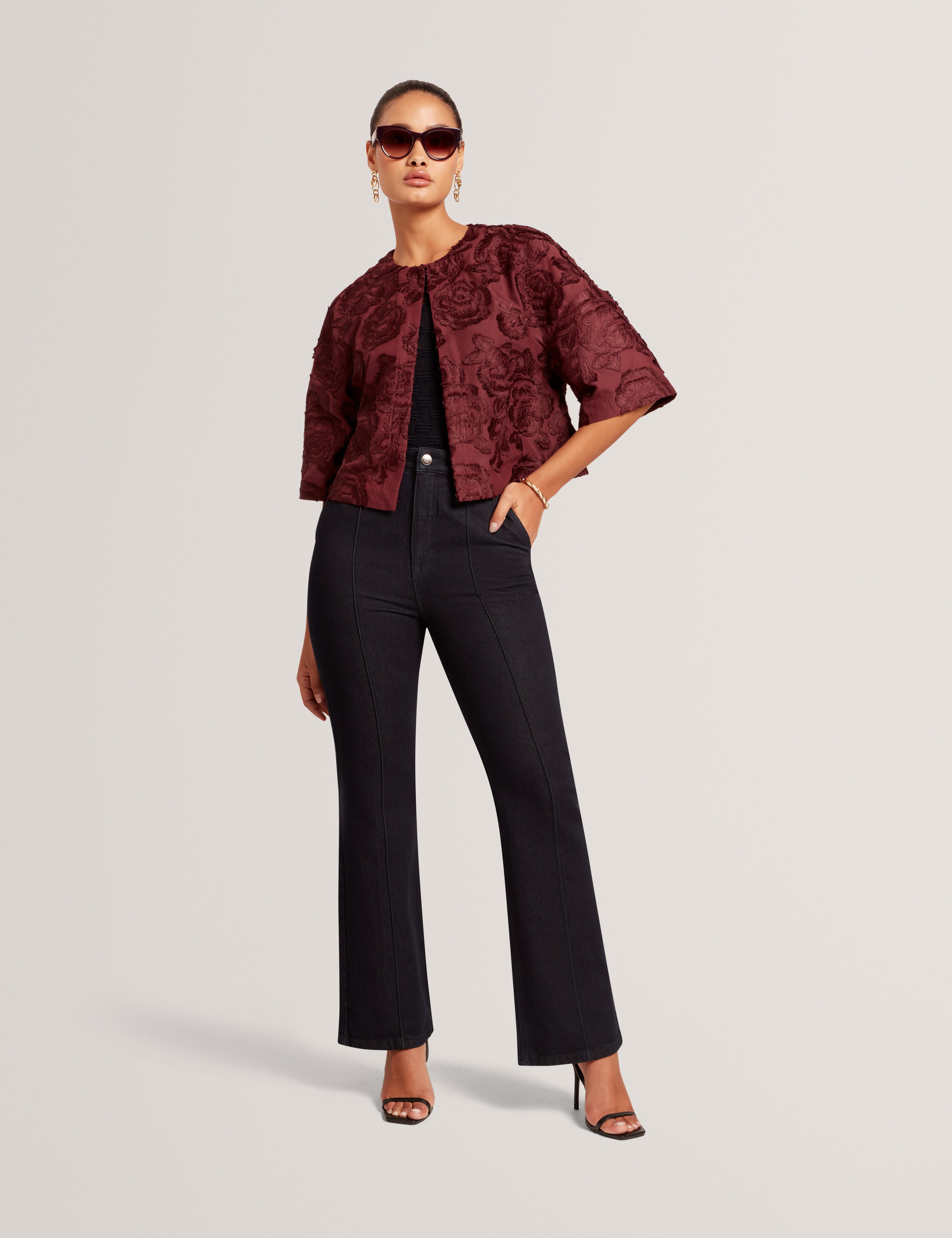 Faela Textured Rose Cropped Jacket Oxblood