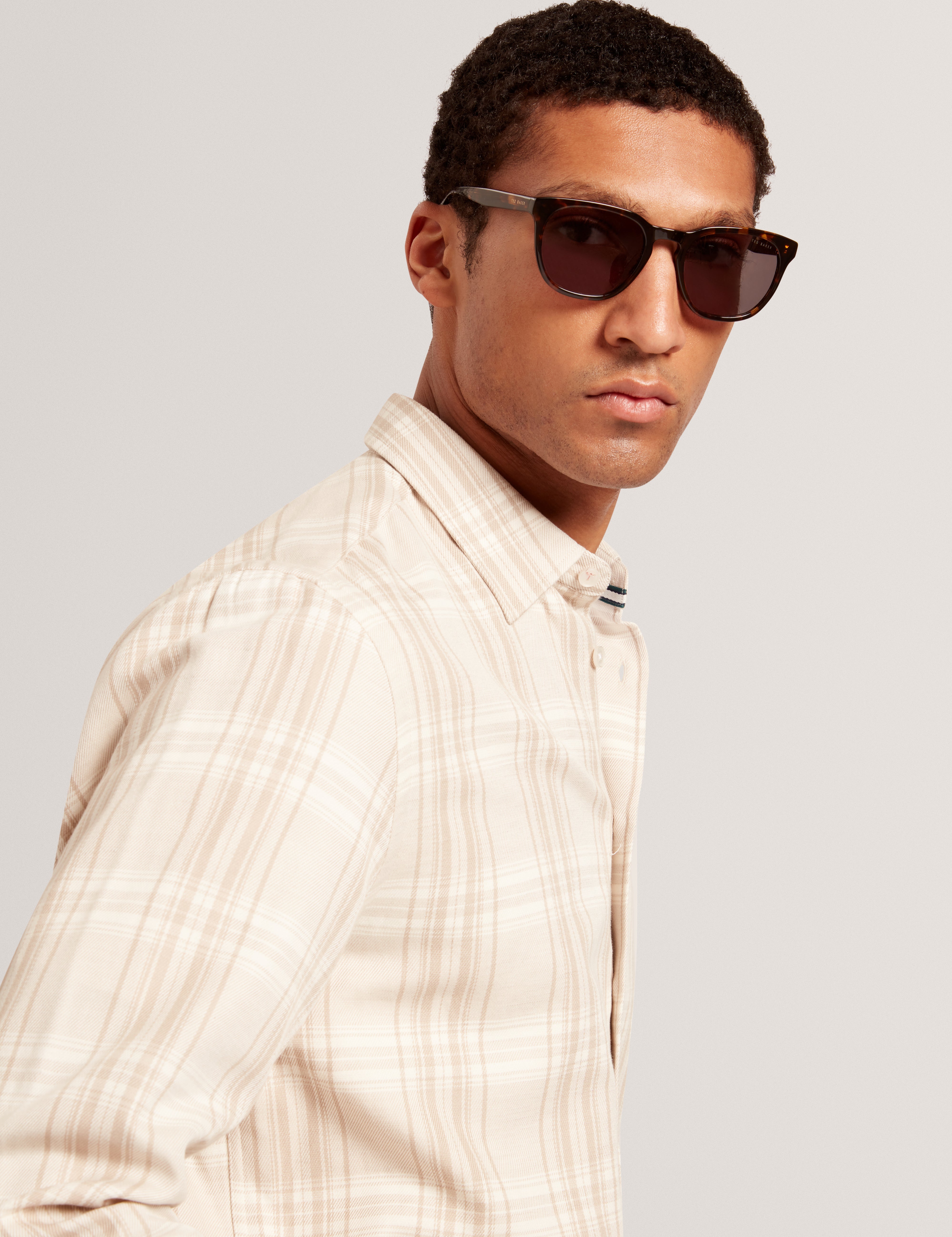 Zeuso Long Sleeve Linen Blend Oversized Check Shirt Taupe