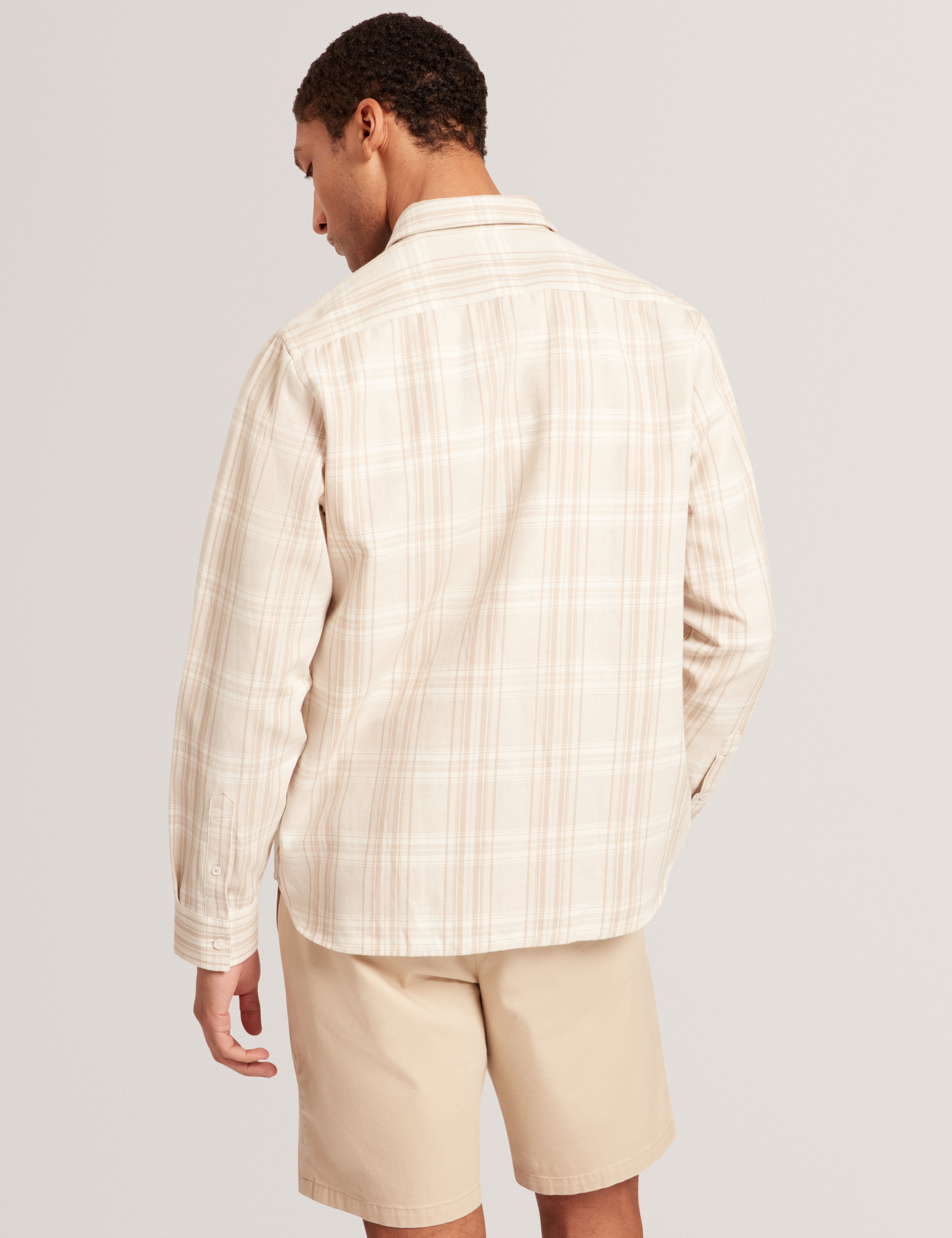 Zeuso Long Sleeve Linen Blend Oversized Check Shirt Taupe