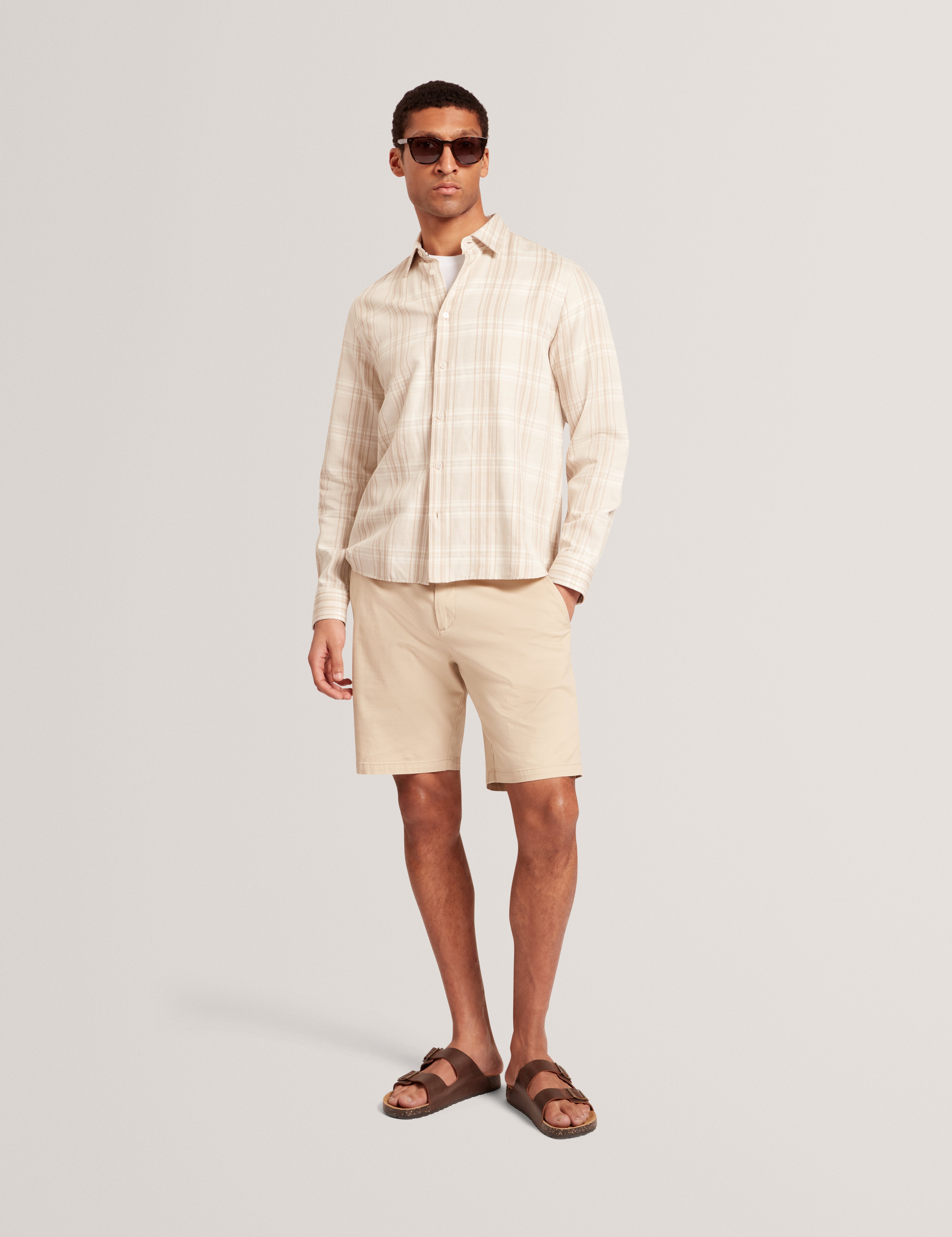 Zeuso Long Sleeve Linen Blend Oversized Check Shirt Taupe