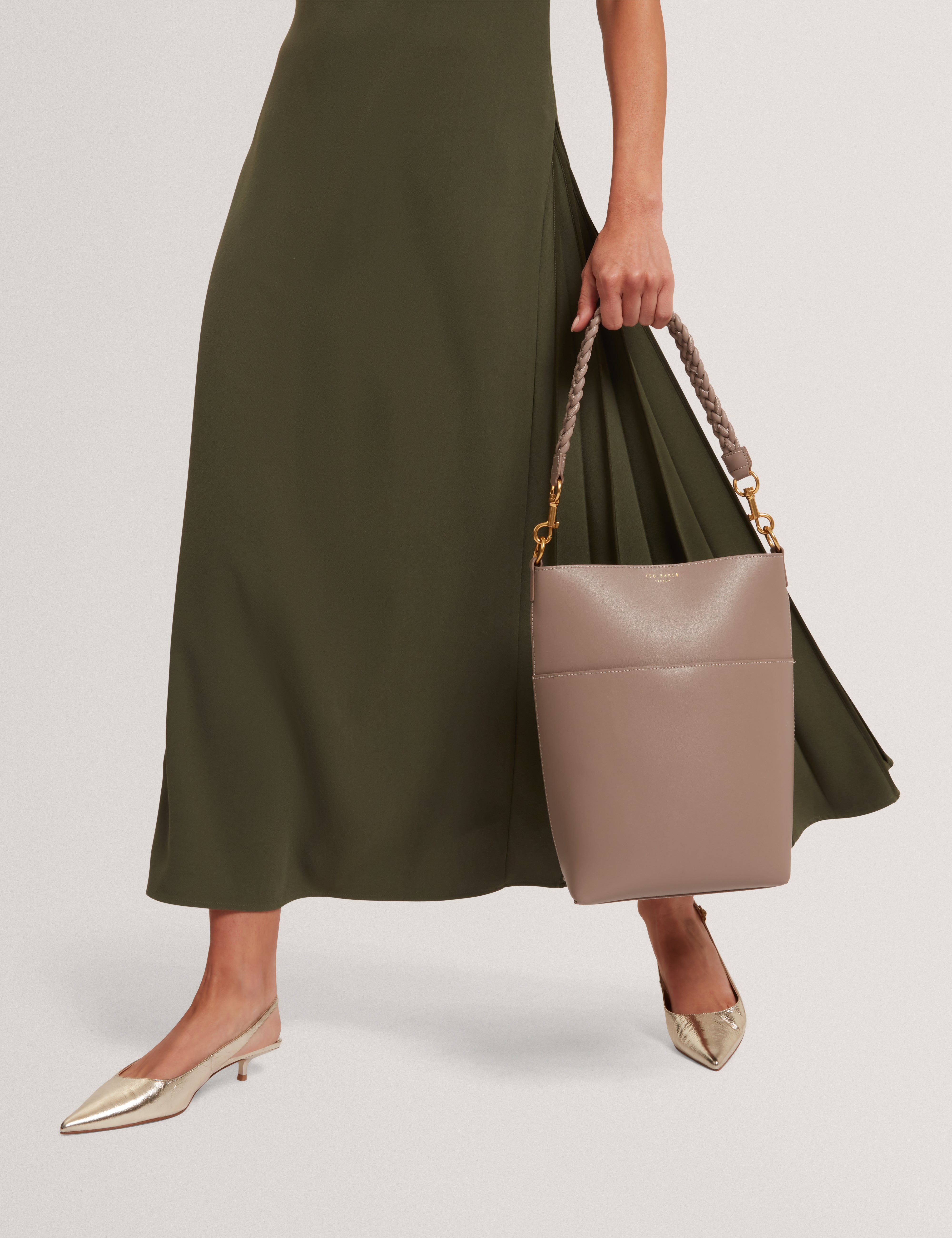 Wannda Weave Handle Leather Medium Bucket Bag Taupe