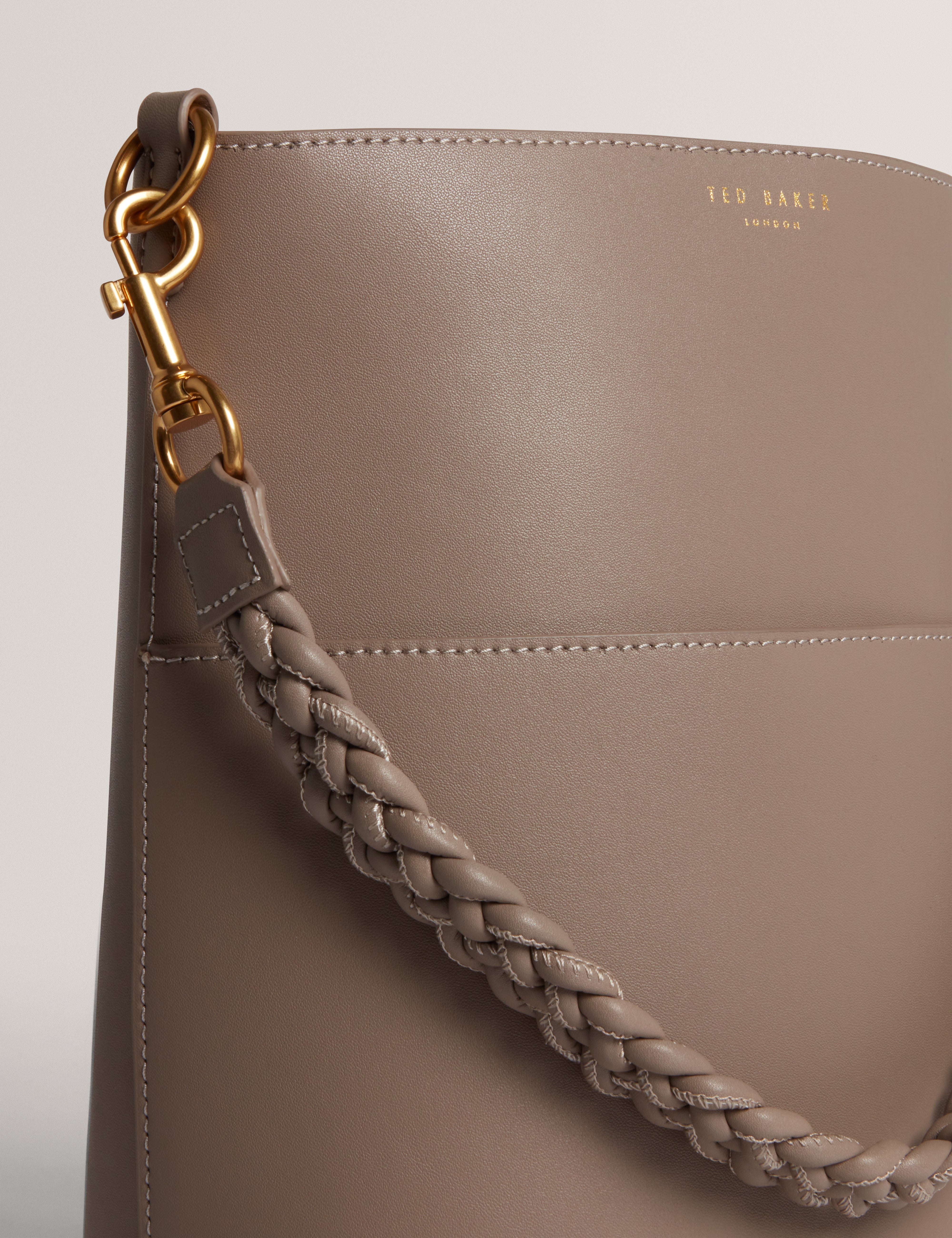 Wannda Weave Handle Leather Medium Bucket Bag Taupe