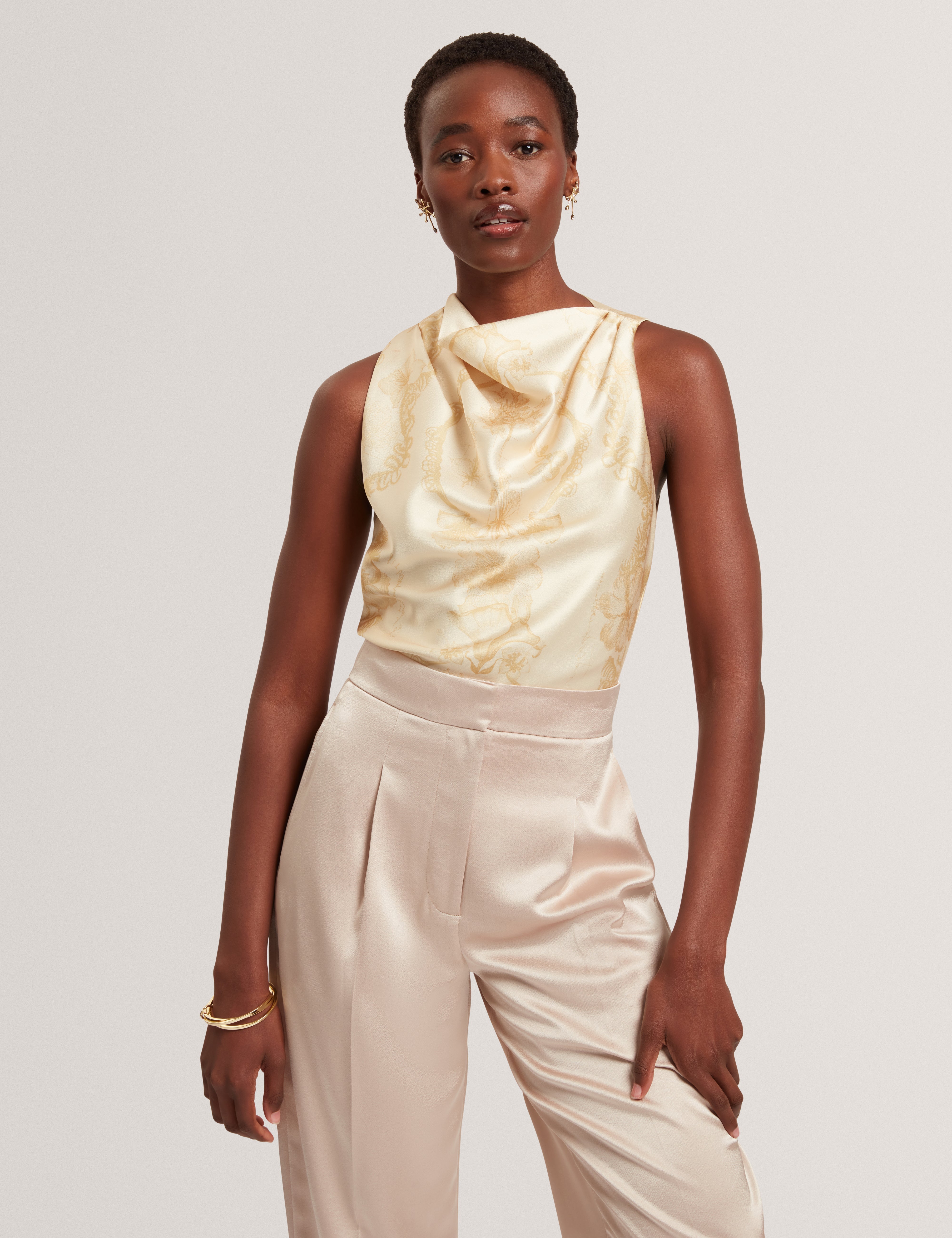 Cobla Print Sleeveless Drape Neck Top Lt-Yellow