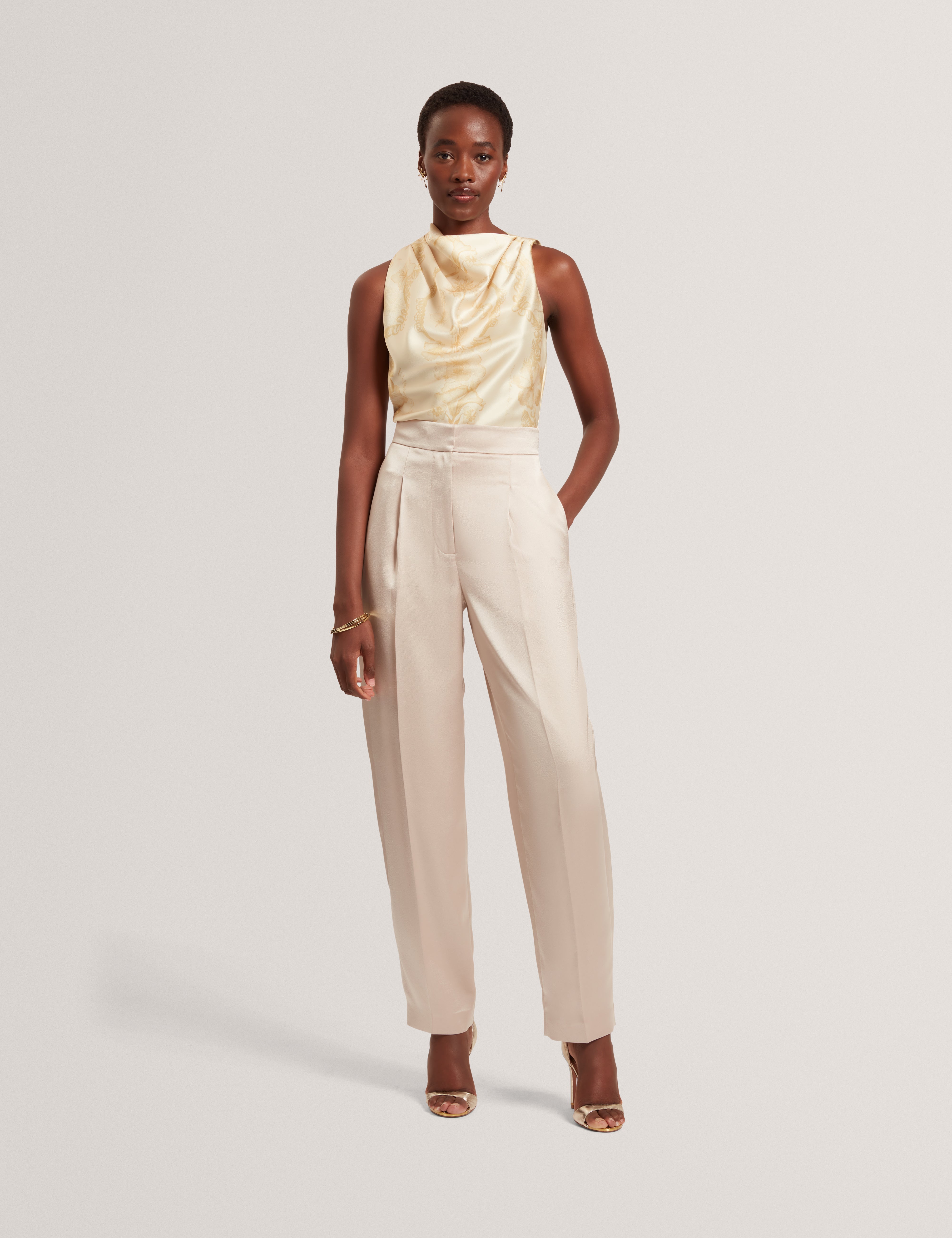 Cobla Print Sleeveless Drape Neck Top Lt-Yellow