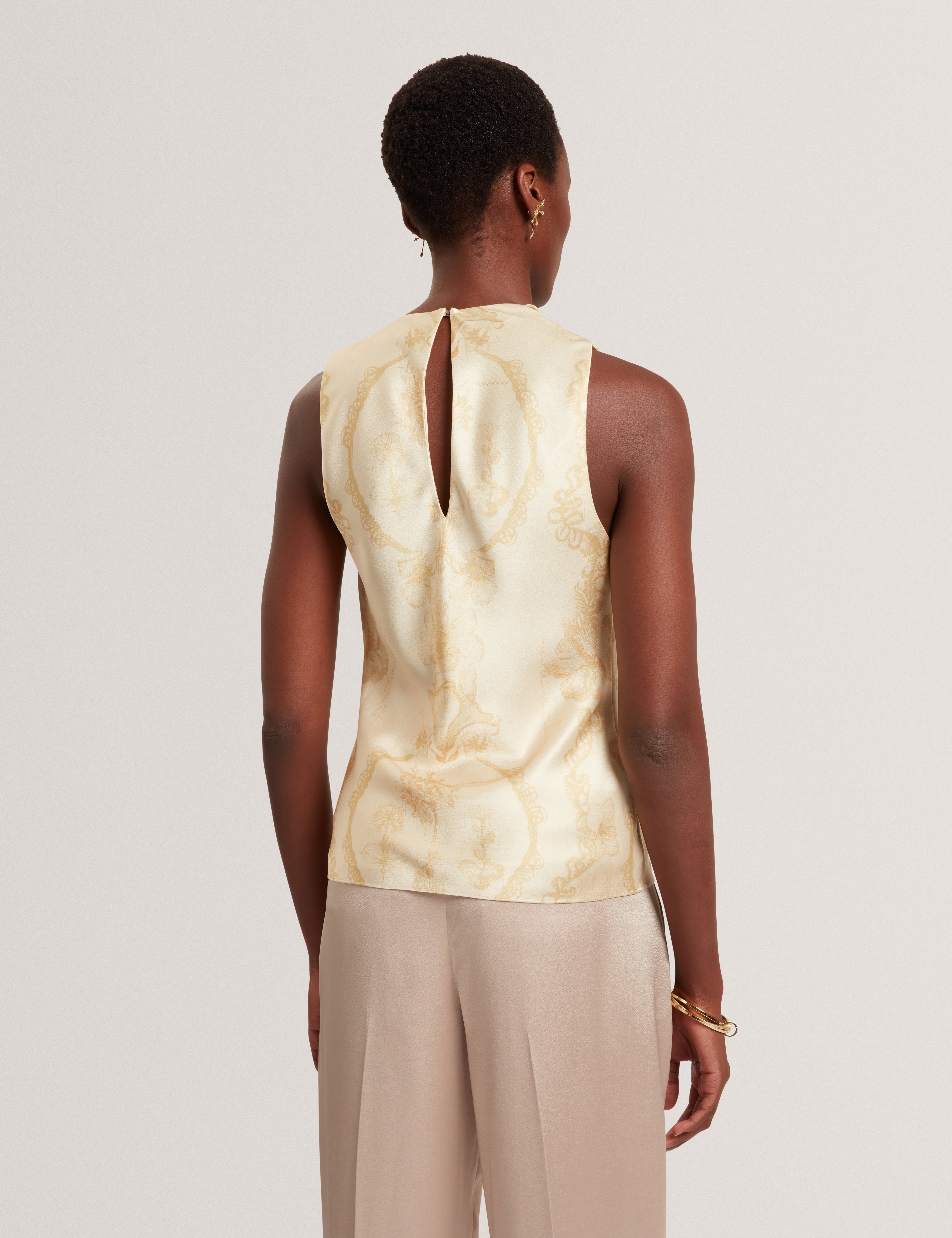 Cobla Print Sleeveless Drape Neck Top Lt-Yellow