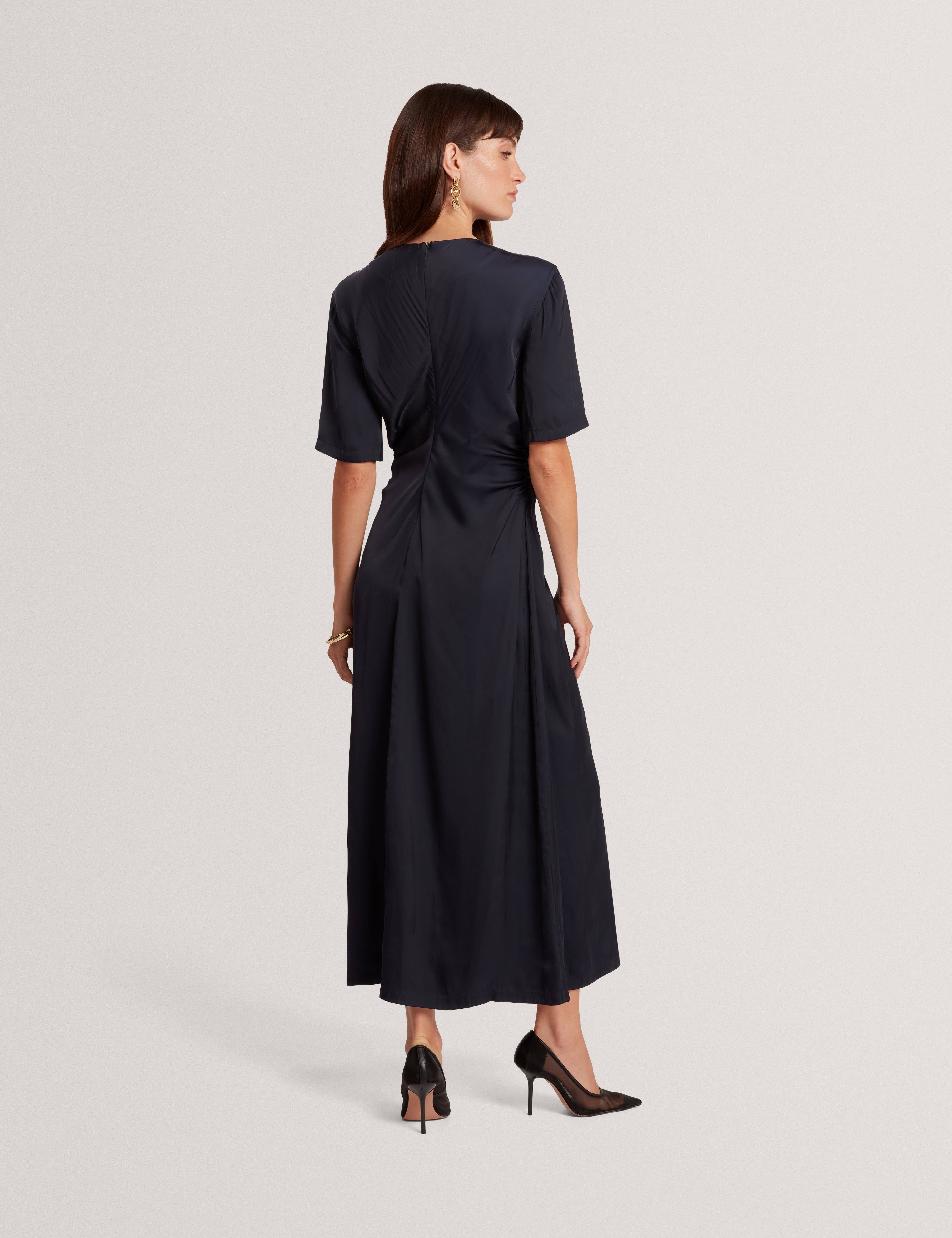 Plumma Short Sleeve Gathered Waist Midi Dress Navy