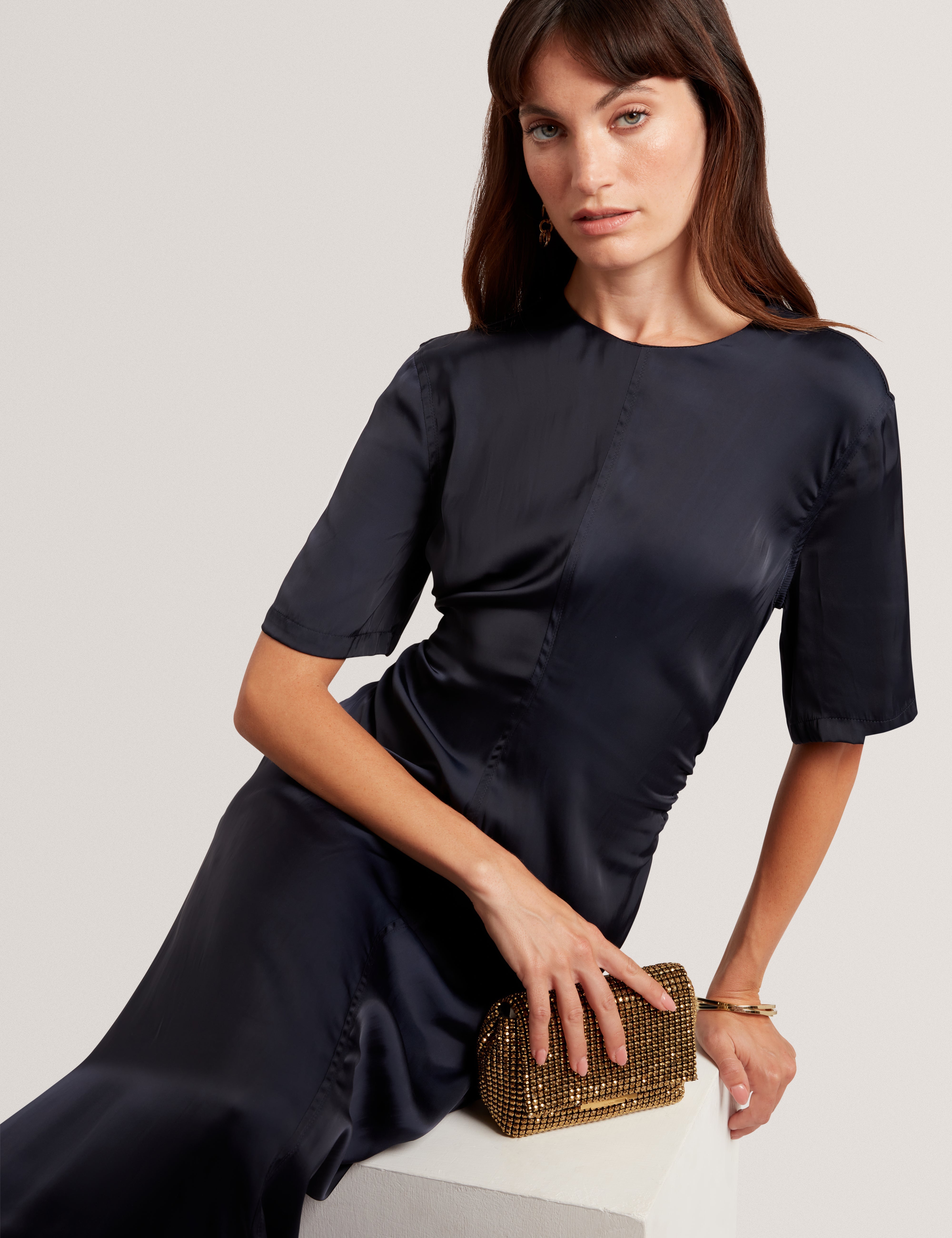 Plumma Short Sleeve Gathered Waist Midi Dress Navy