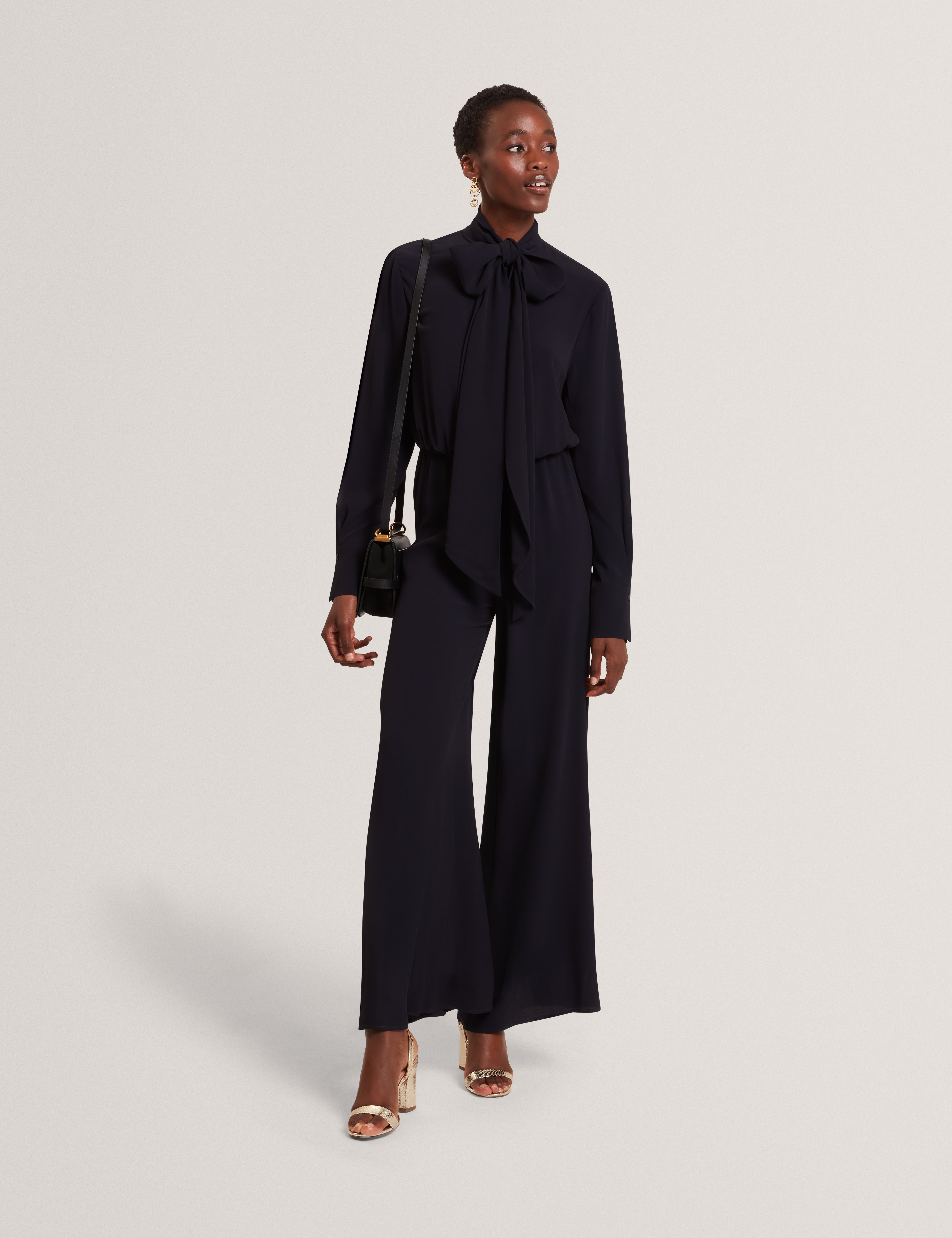 Kyrabe Cravat Tie Neck Shirt Wide Leg Jumpsuit Navy