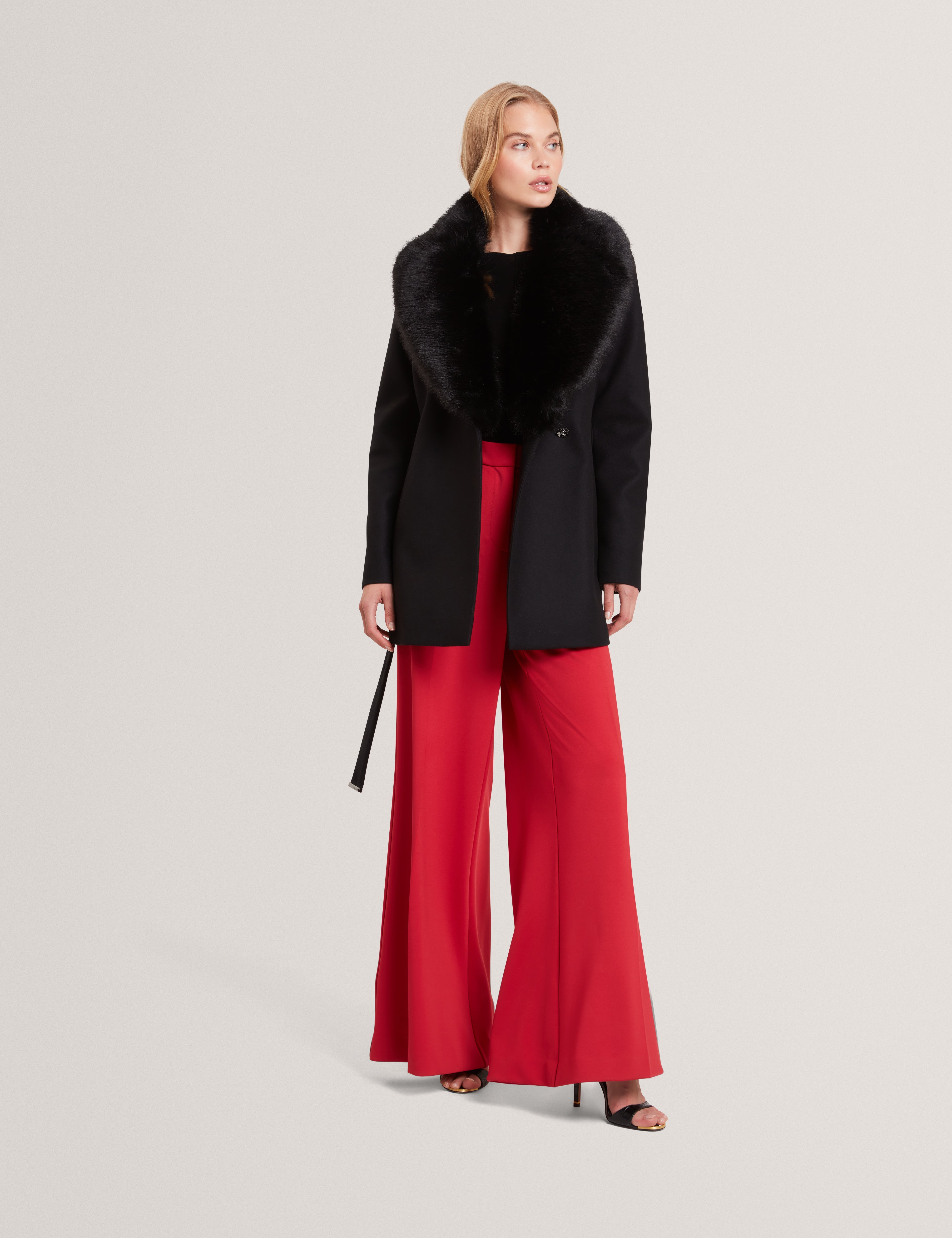 Toroja Faux Fur Belted Short Coat Black