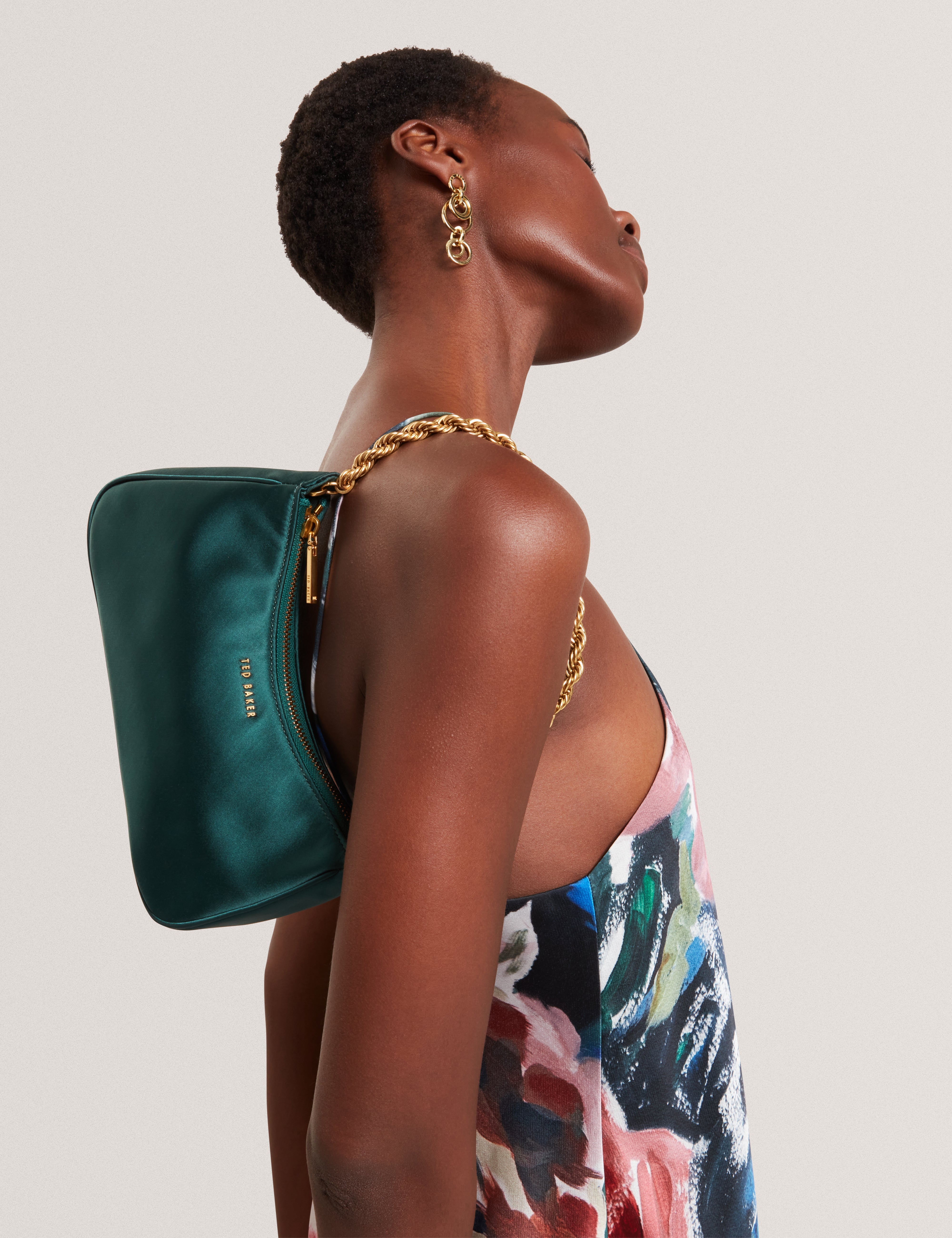 Agnise Chain Detail Satin Shoulder Bag Emerald