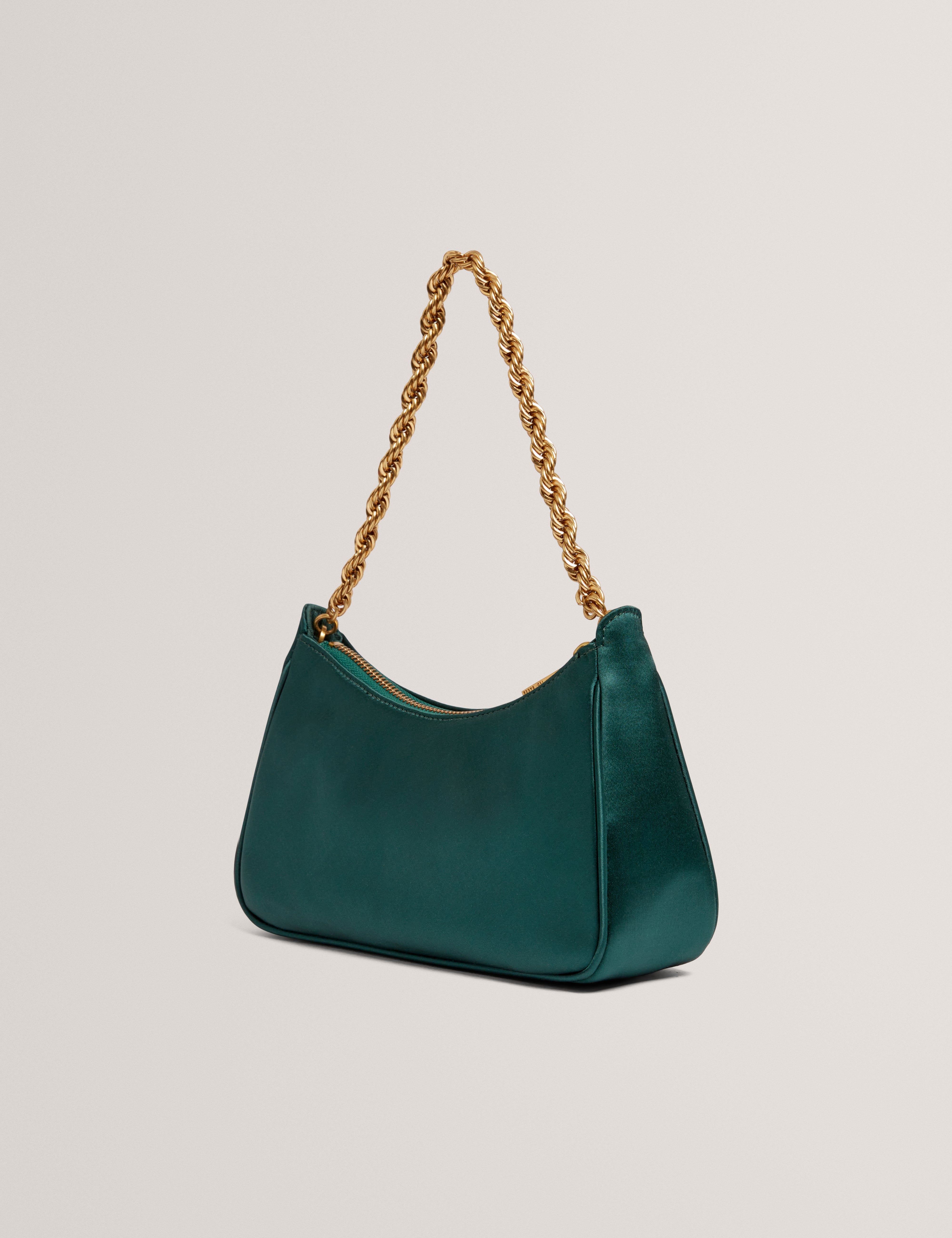 Agnise Chain Detail Satin Shoulder Bag Emerald