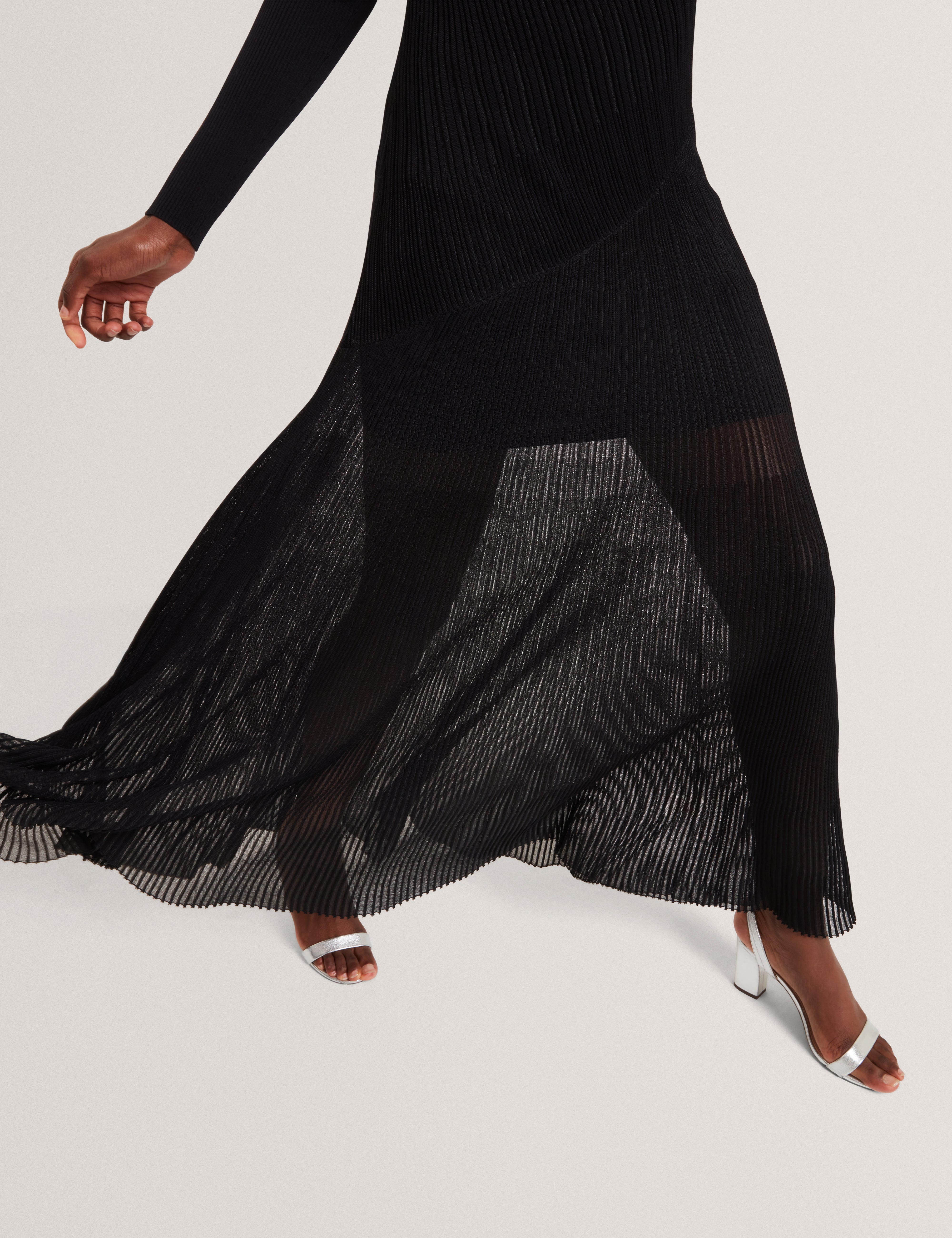 Occasa Long Sleeve Sheer Detail Knitted Midi Dress Black