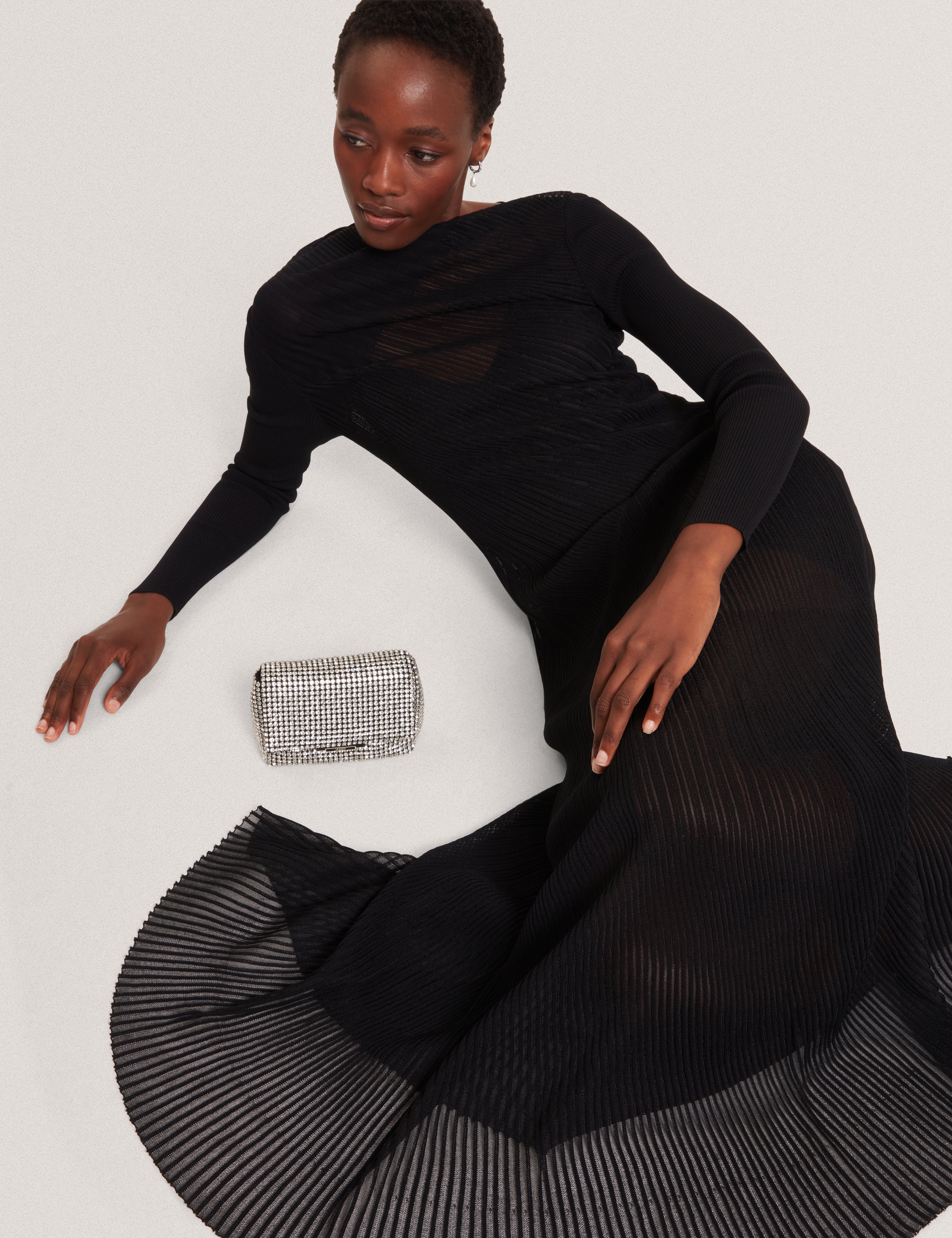 Occasa Long Sleeve Sheer Detail Knitted Midi Dress Black